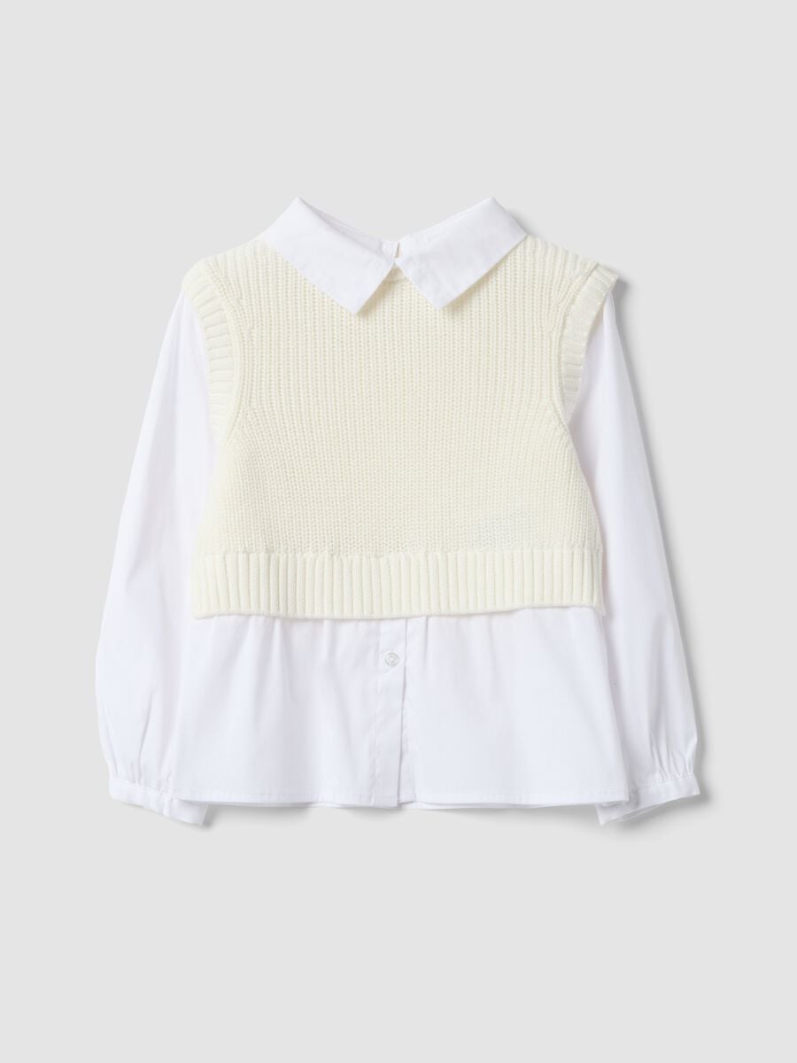 Maglia bianca in misto cotone con camicia over fit per bambina_0