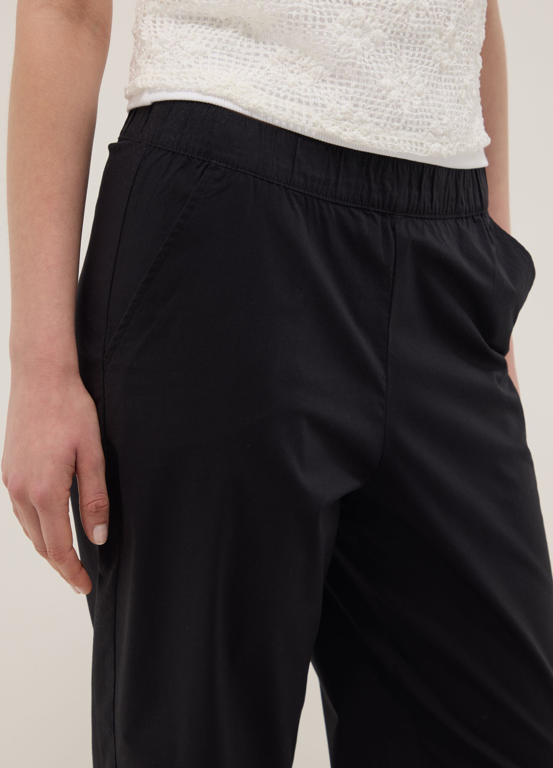 Blue stretch cotton trousers with elasticated waistband