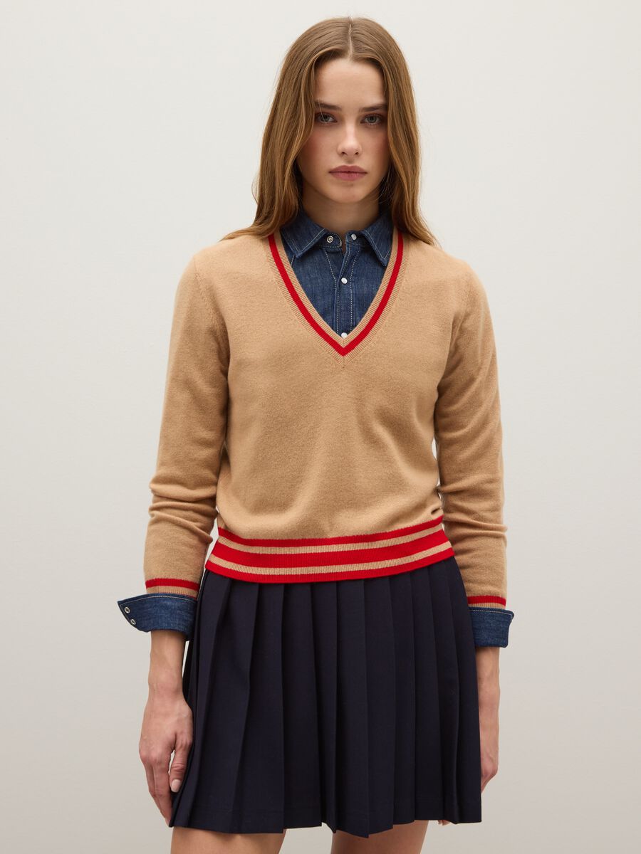 Beige pure wool V-neck striped pullover_0