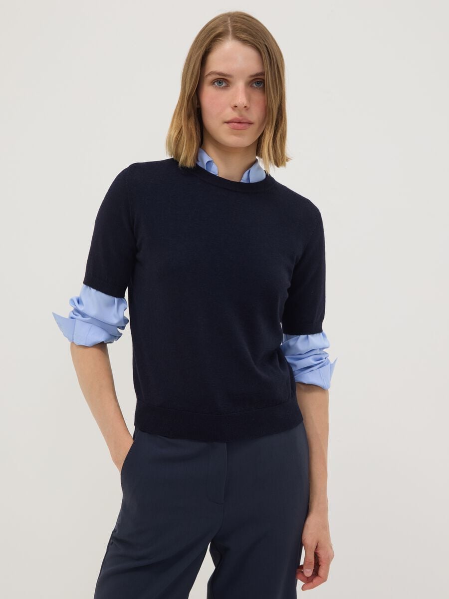Maglia blu in misto lana a maniche corte girocollo regular fit_1