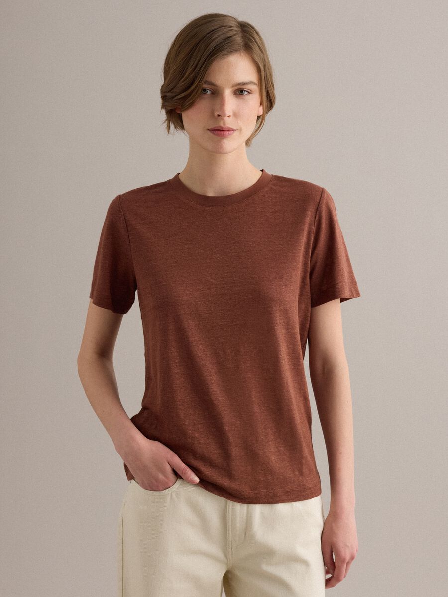 Brown pure linen short-sleeve regular-fit T-shirt_0