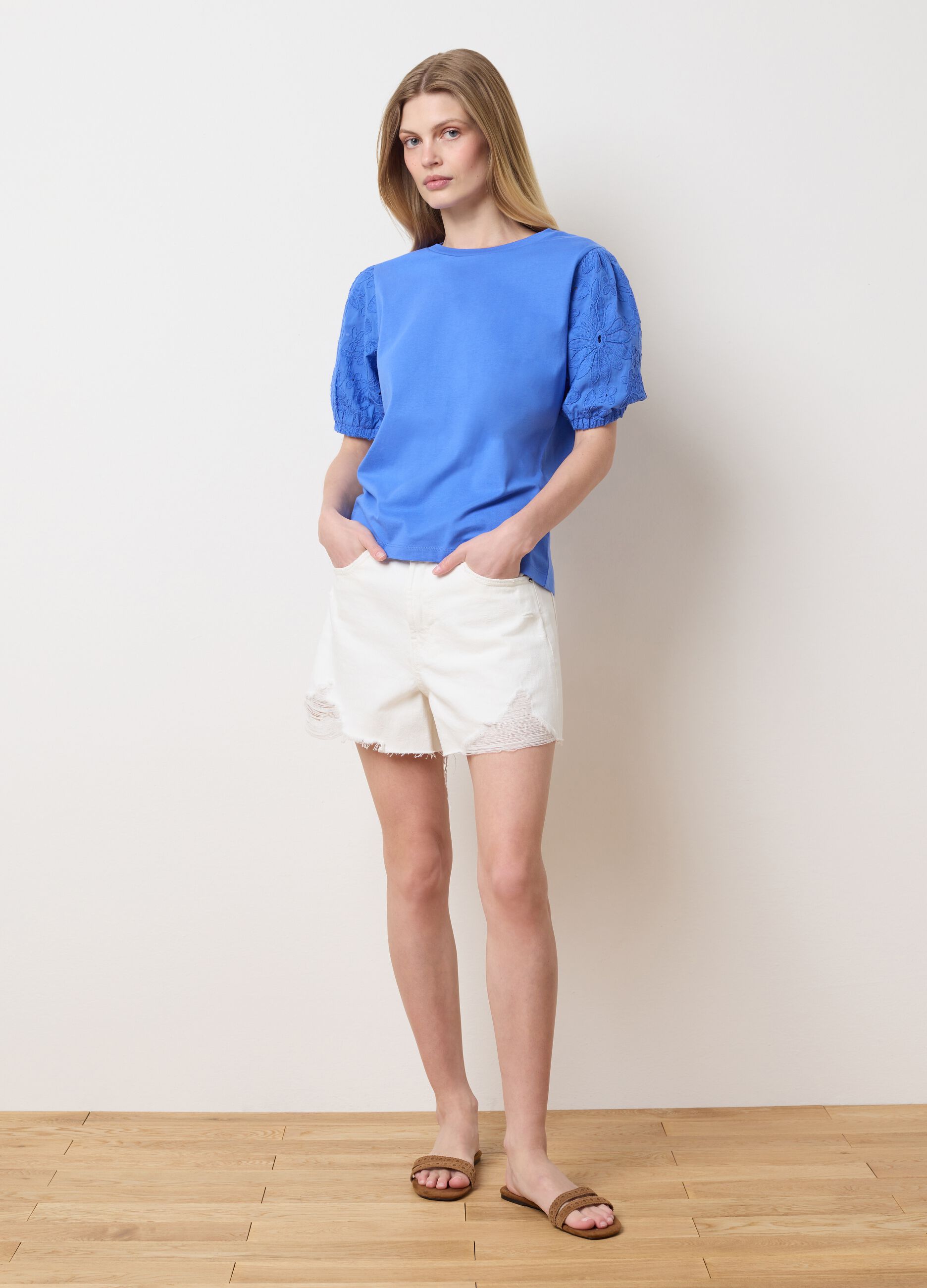 Short Sleeve Blue T-shirt with Embroidered Details