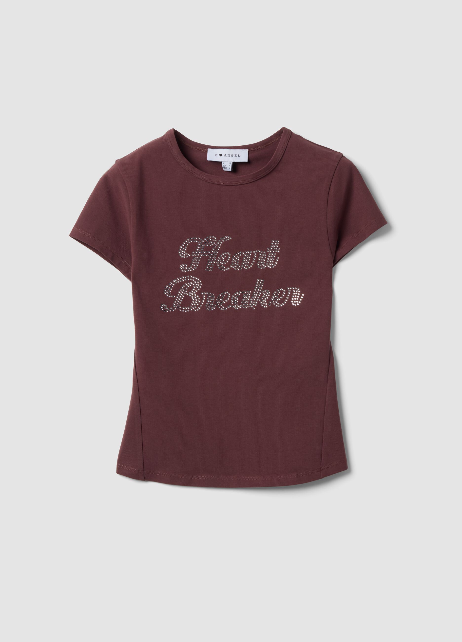 Brown fitted stretch-cotton T-shirt with rhinestone embellishments