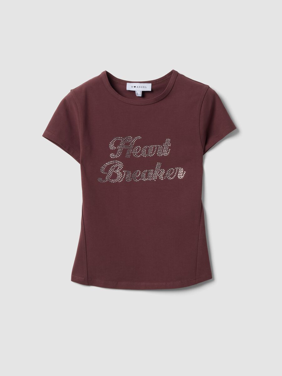 Brown fitted stretch-cotton T-shirt with rhinestone embellishments_4