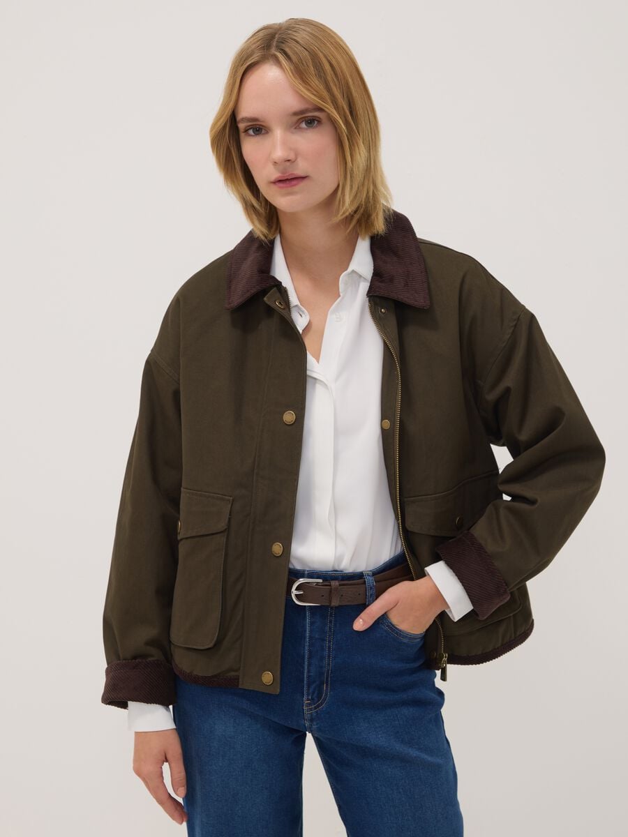 Brown pure cotton jacket with ribbed collar_0
