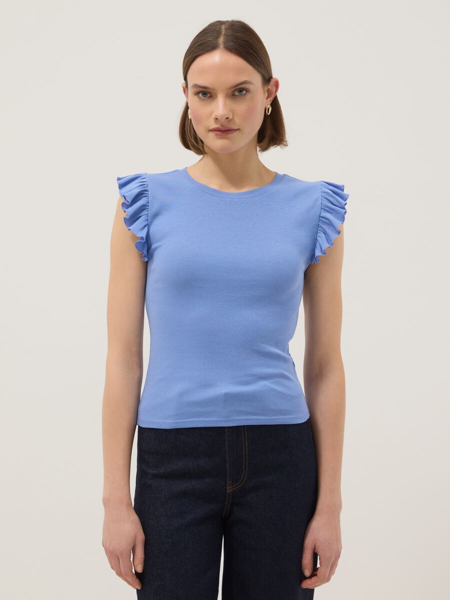 Sky blue slim fit pure cotton T-shirt with ruffles_0