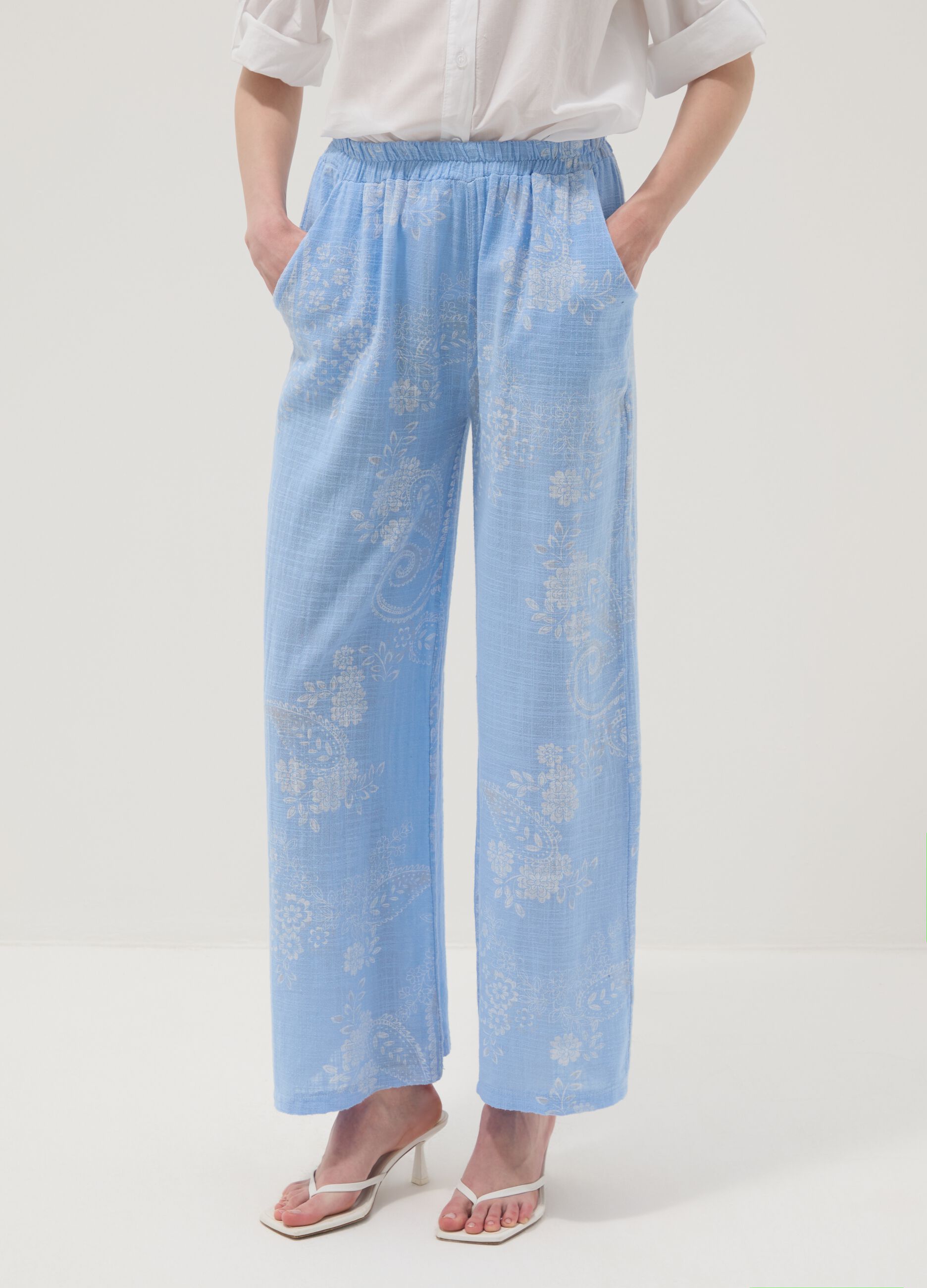 Light Blue Wide-Leg Pure Cotton Paisley Print Trousers &ndash; Regular Fit