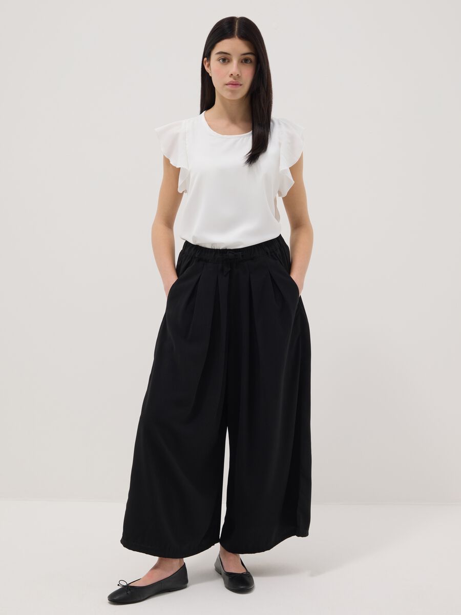 Pantaloni in puro cotone nero da ragazza wide leg_0