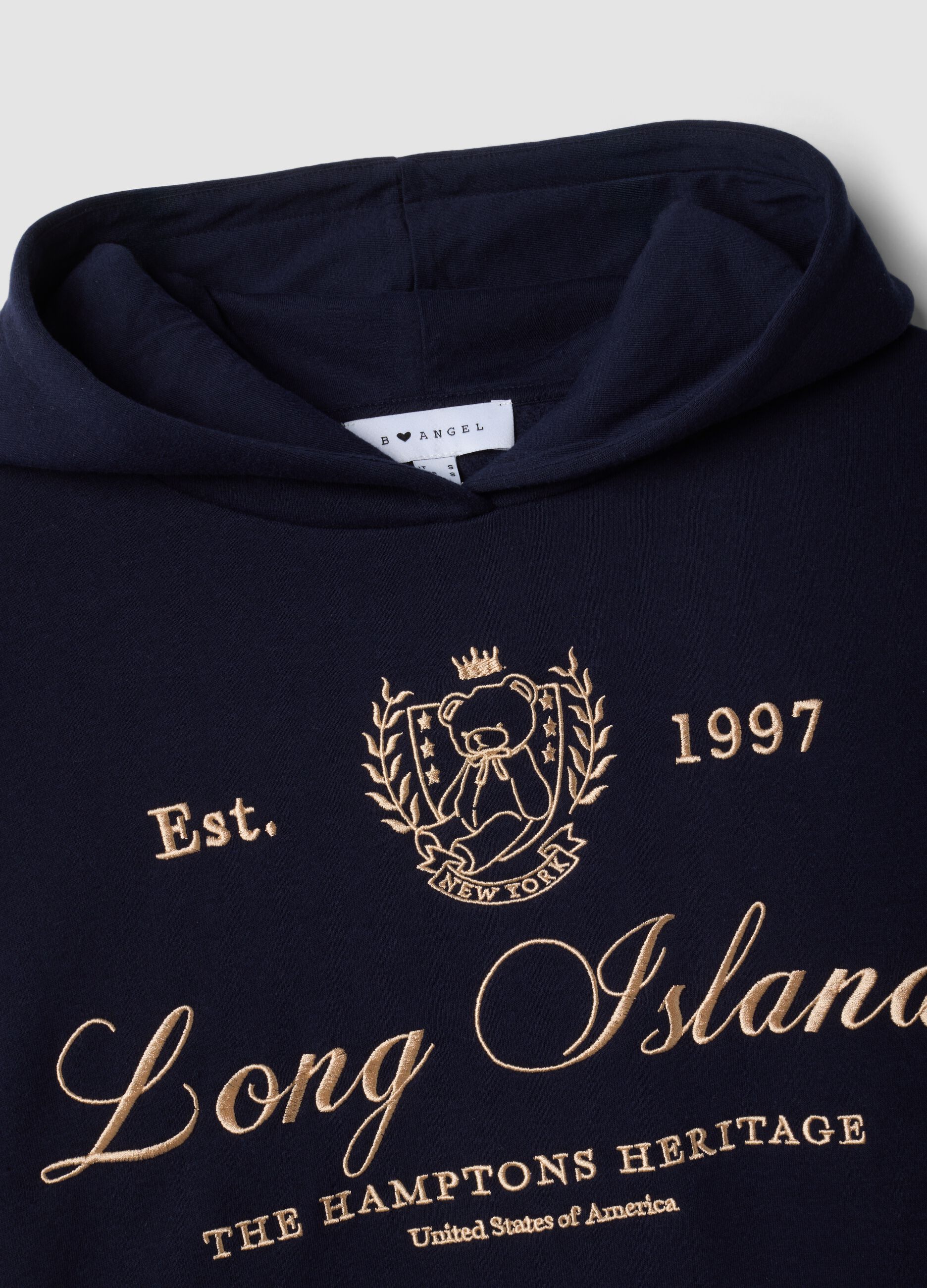 Blue cotton-blend hoodie with layered shirt-effect hem