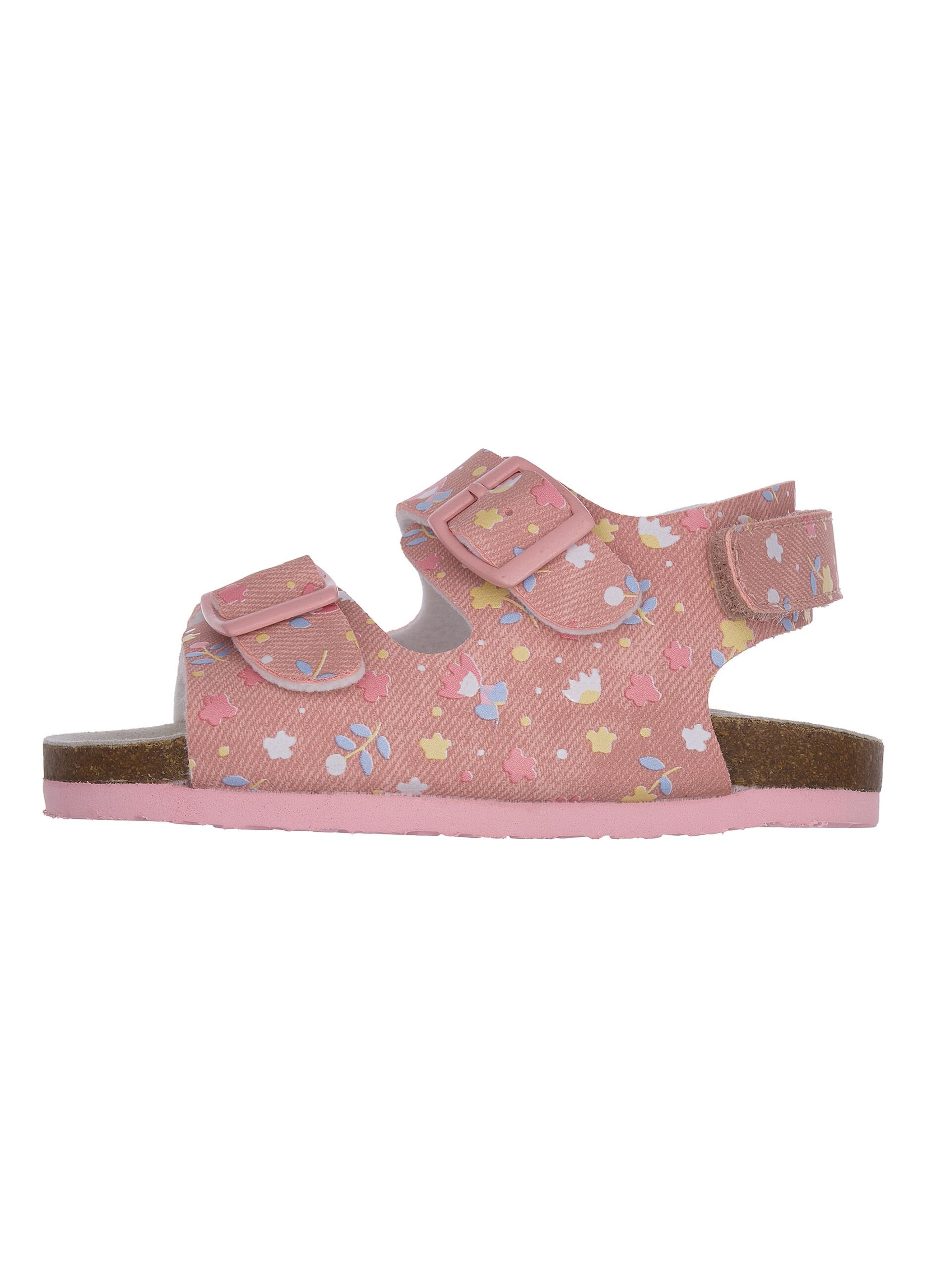 Pink children's sandals with velcro fastening and floral design
