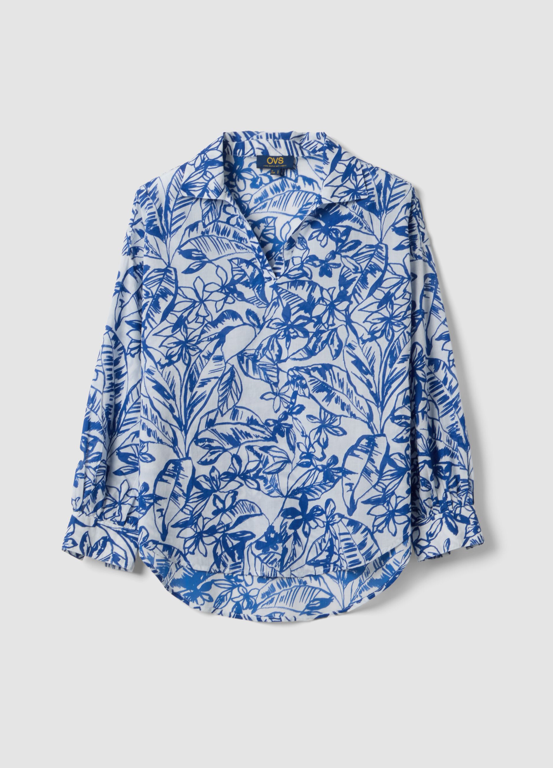 Caftano blu e bianco in cotone organico con stampa tropicale