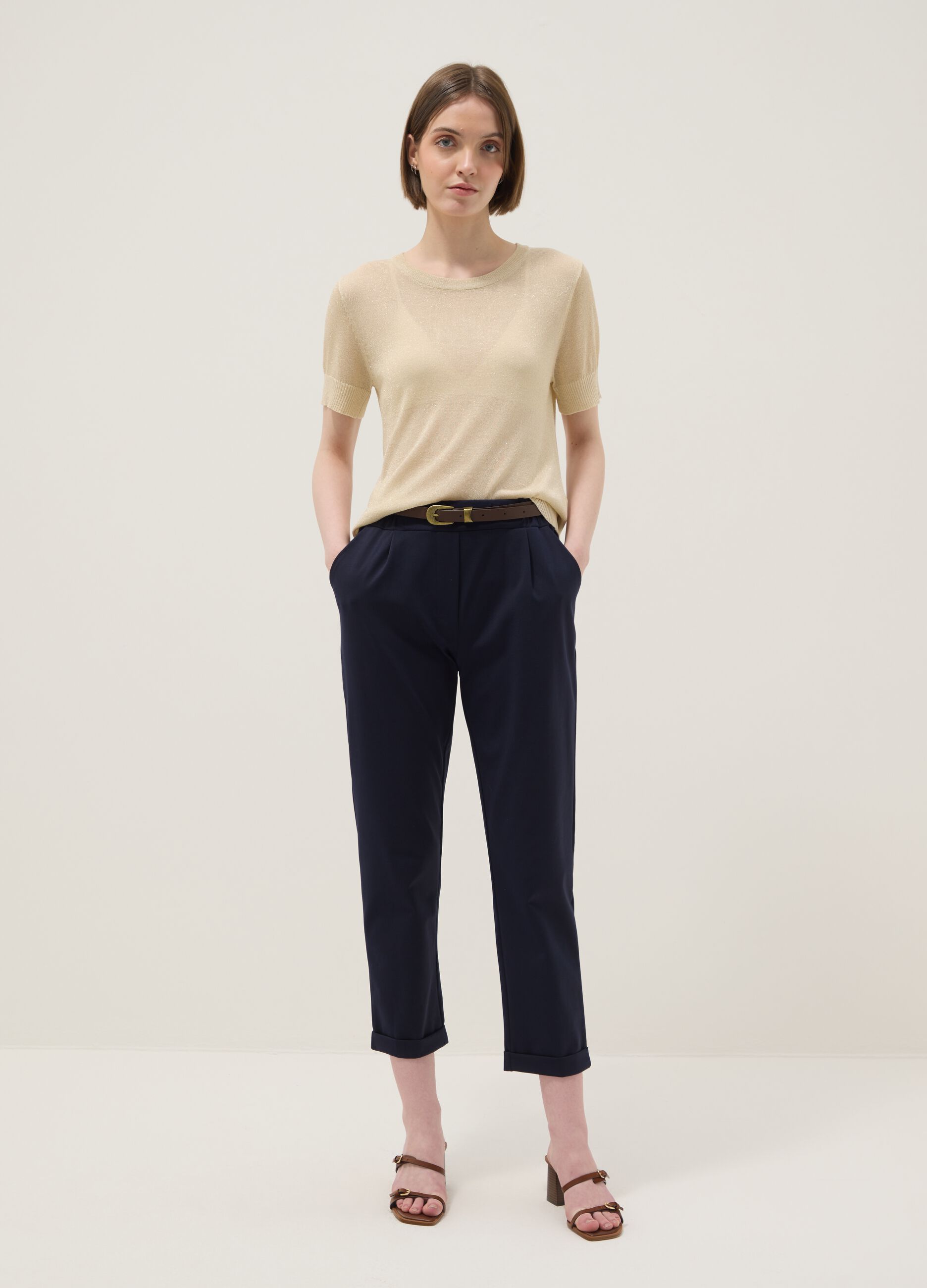 Beige viscose blend regular fit T-shirt with transparent accents