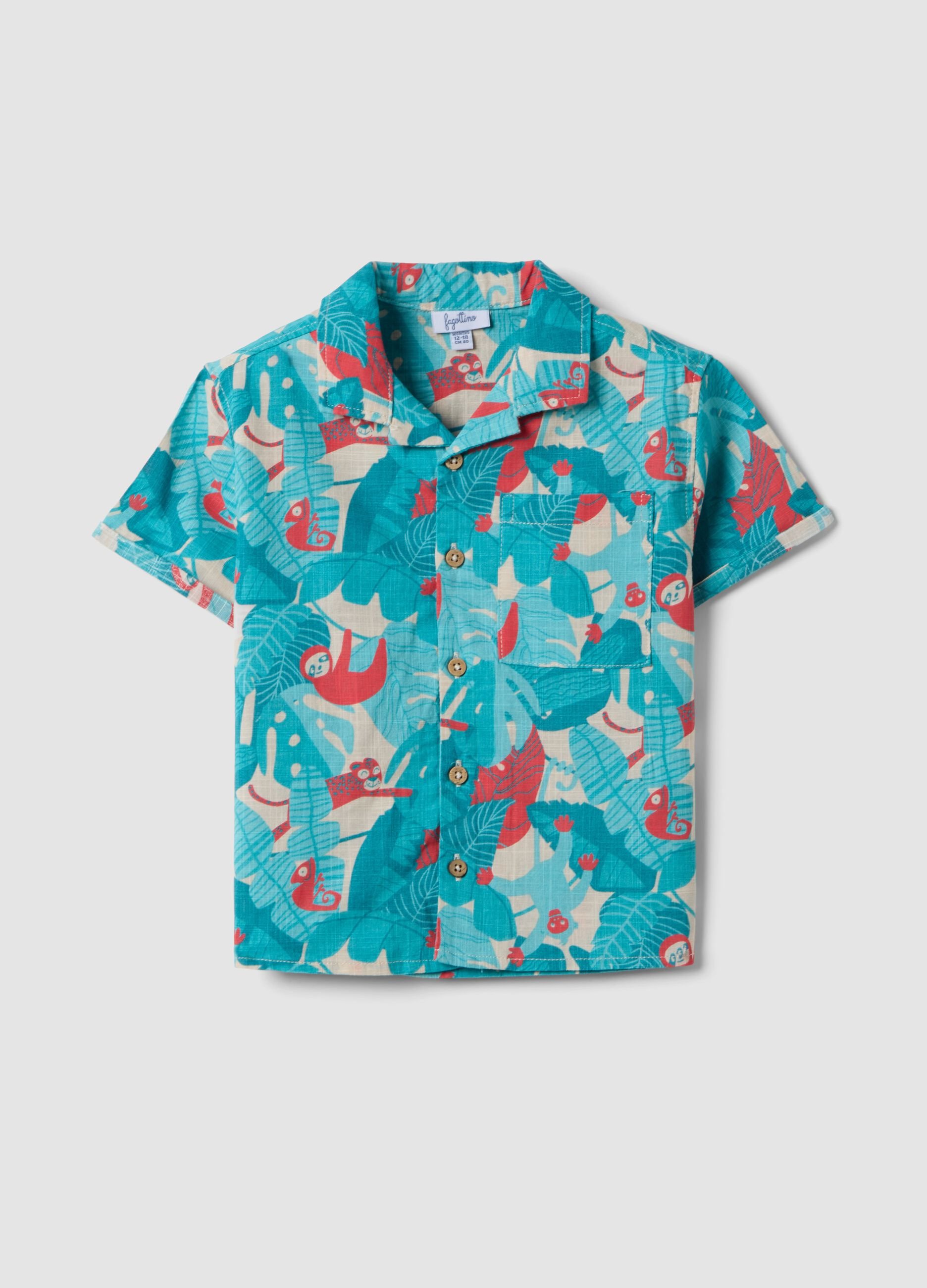 Blue pure cotton shirt with tropical print