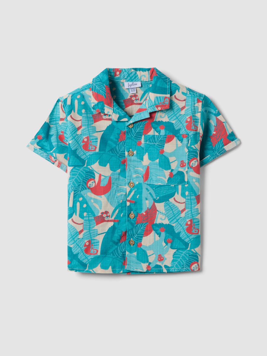 Blue pure cotton shirt with tropical print_0