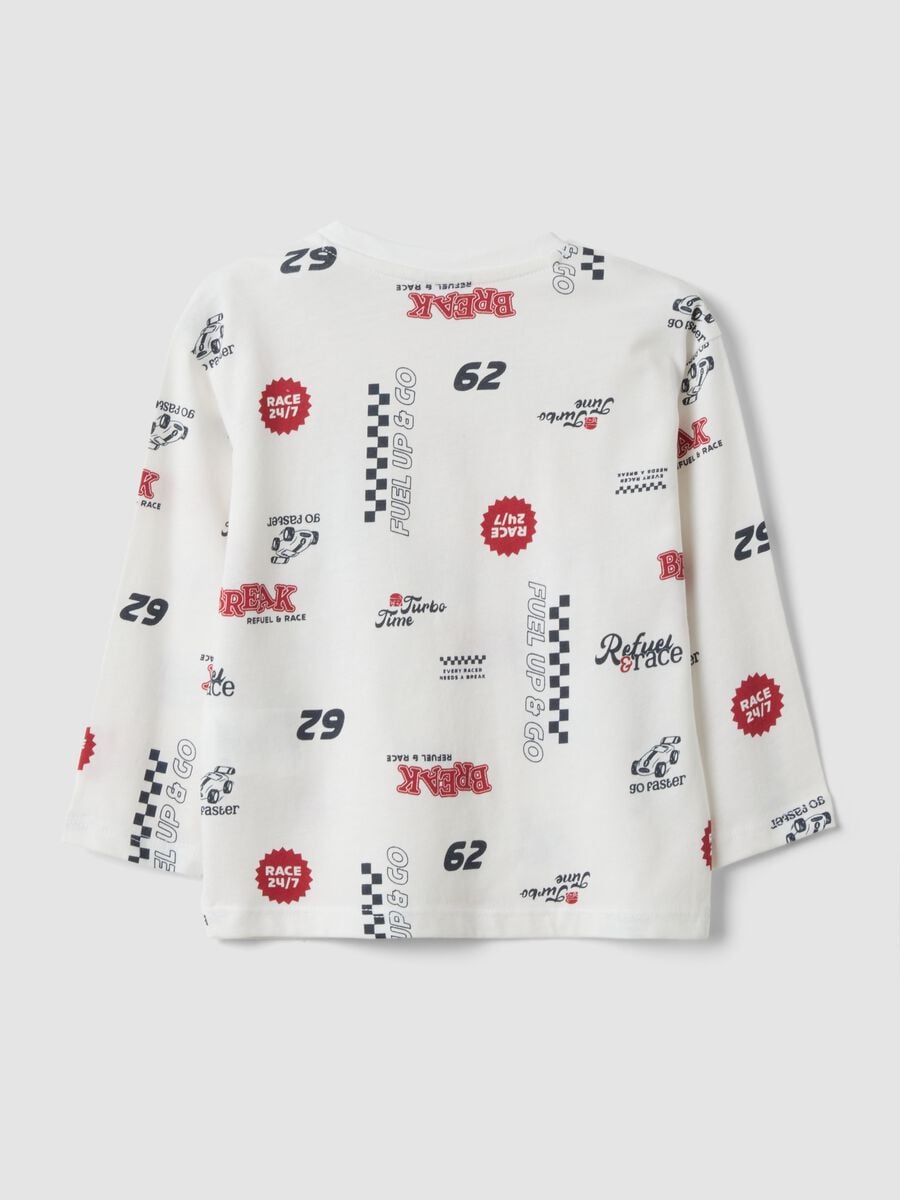 T-shirt bianca in puro cotone organico con fantasia racing per bimbo_1