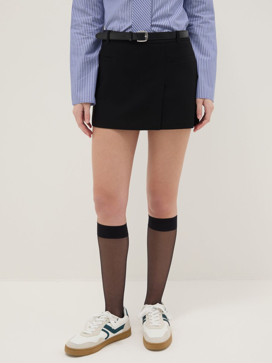 Black regular fit mini skirt with belt_1