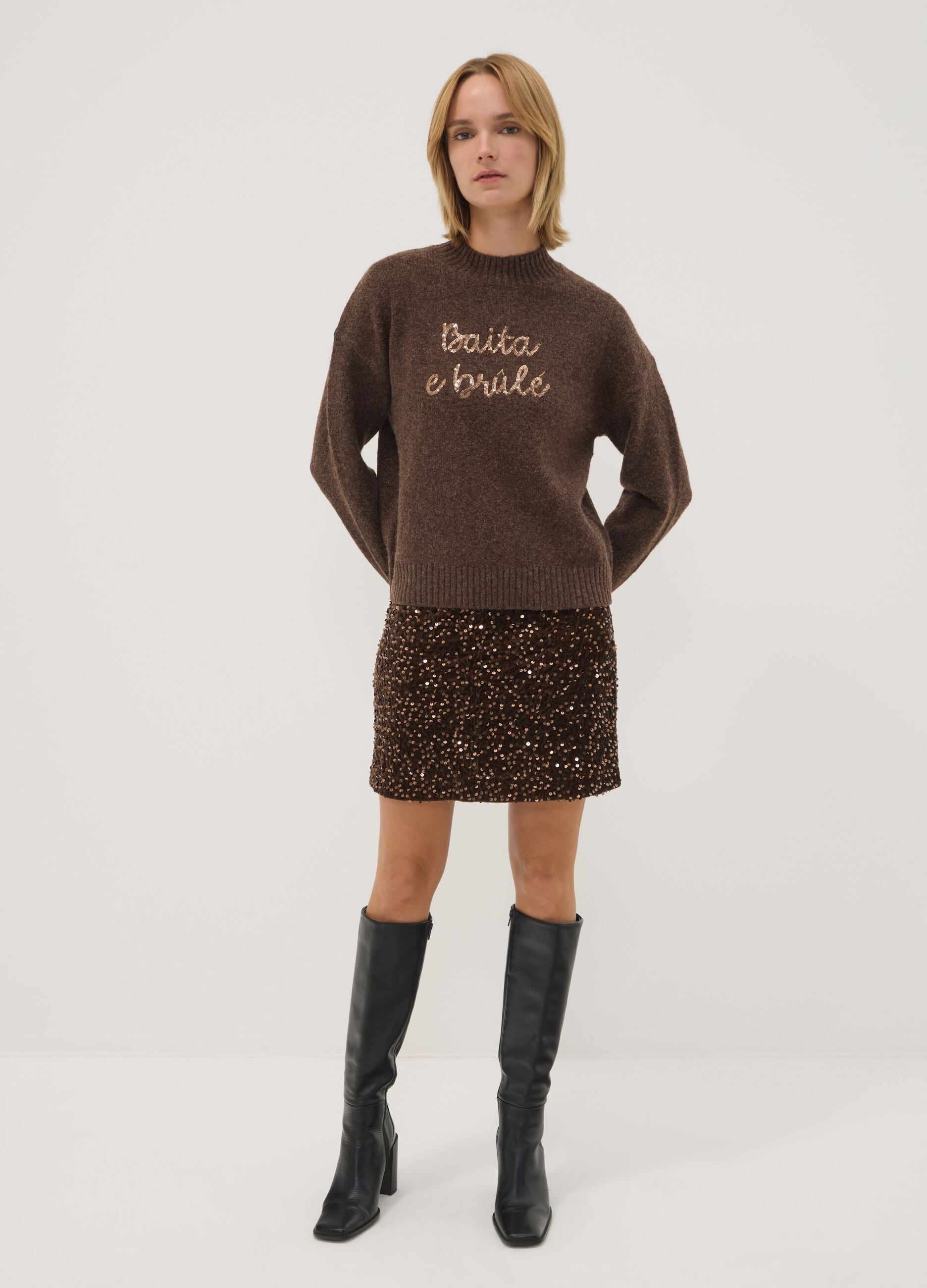 Brown wool-blend jumper with high neck, oversized fit