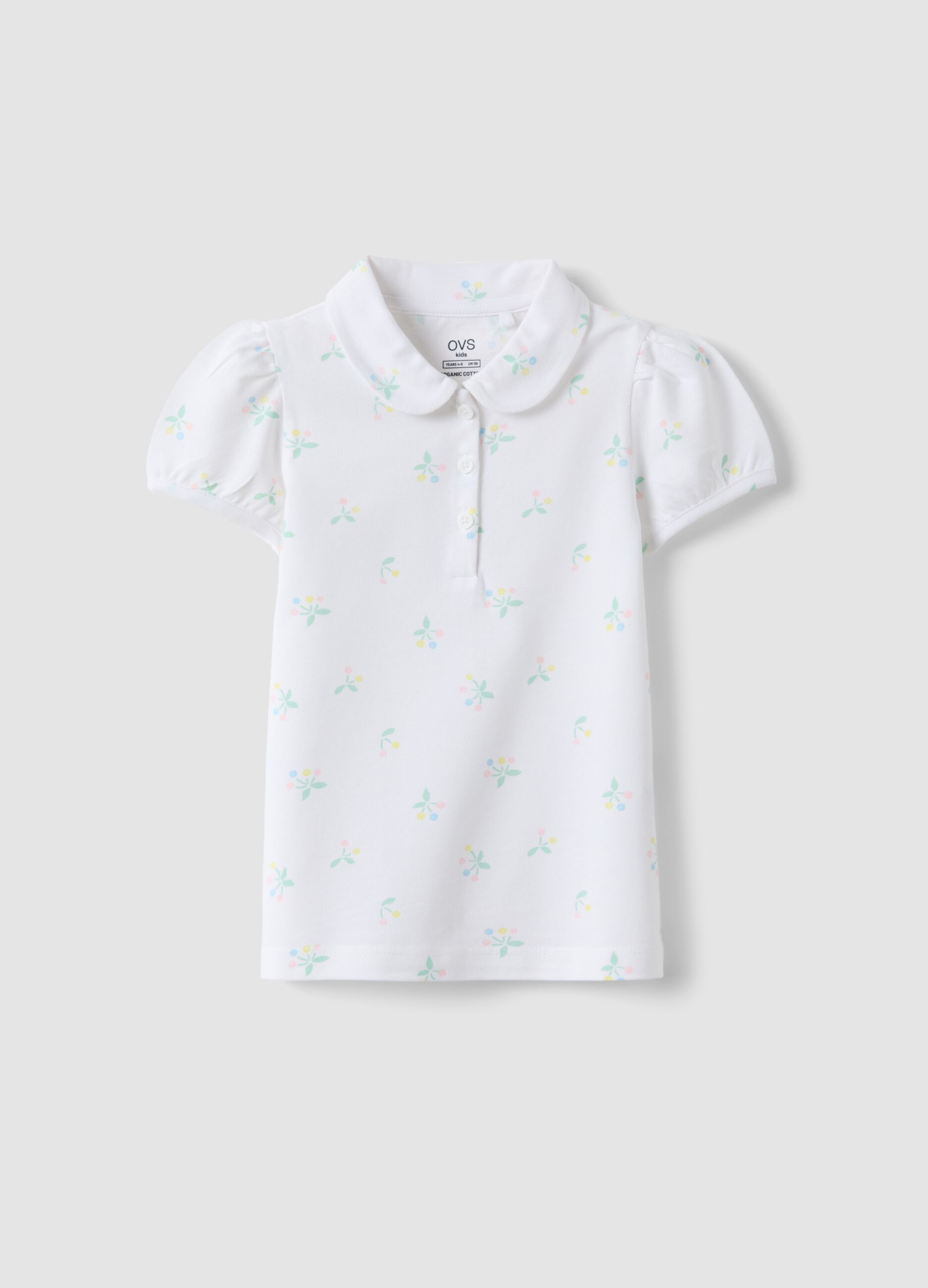 Girls' white cotton polo regular fit with floral pattern