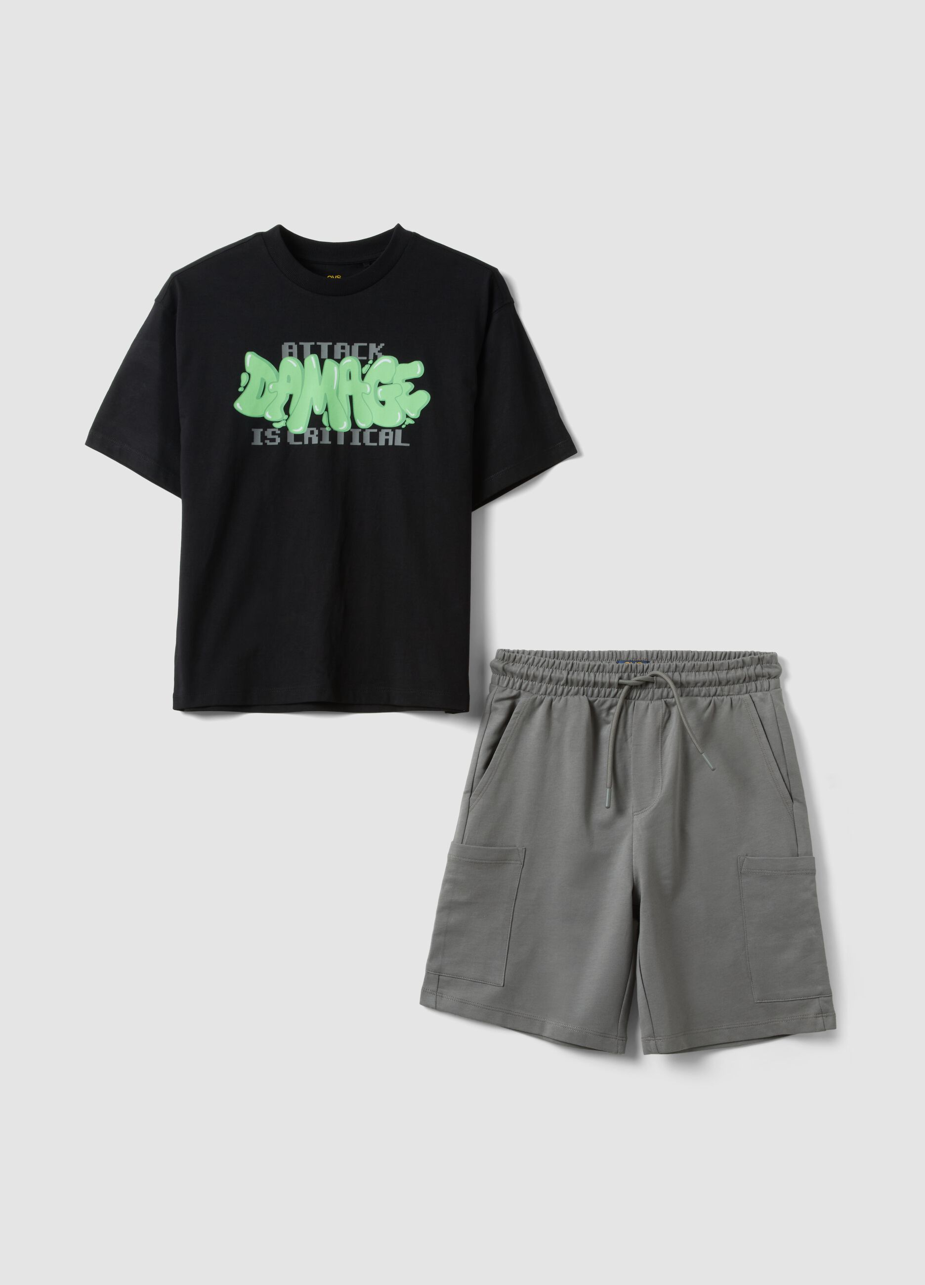 Black and grey pure cotton boys&rsquo; co-ord set with print, oversized fit