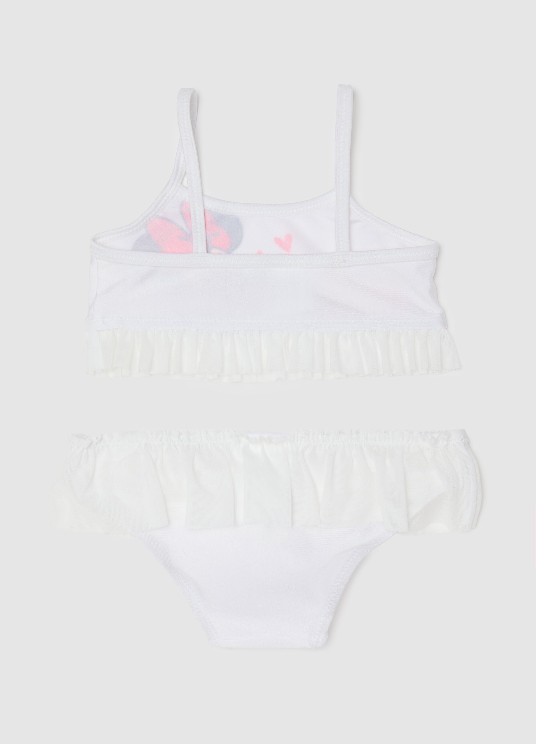 Girls’ bikini in white stretch fabric with Minnie Mouse print