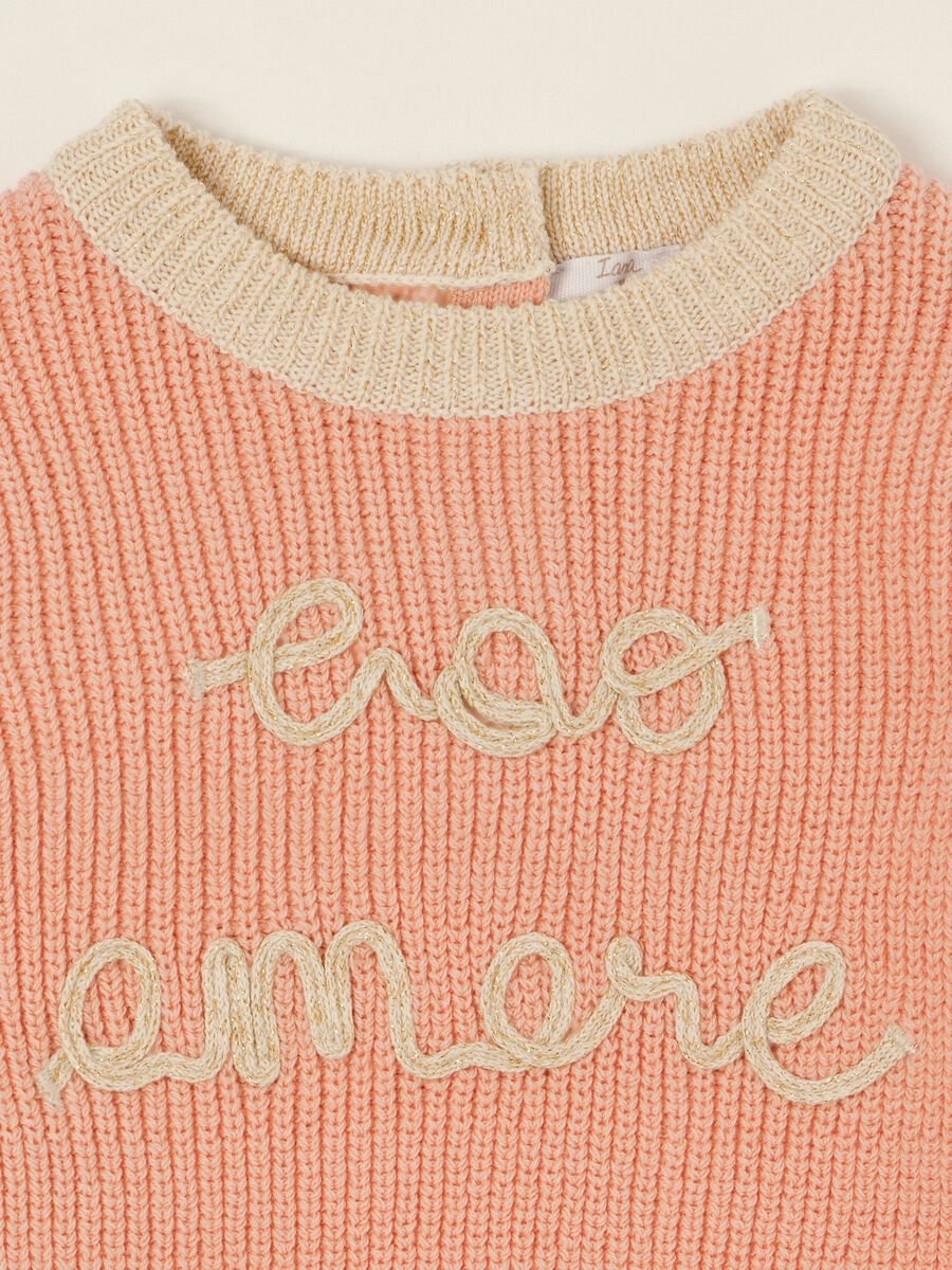 Pink pure cotton baby girl jumper with embroidered slogan_1