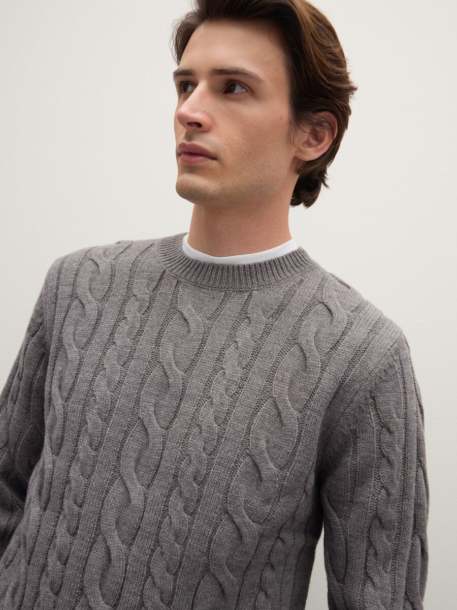 Grey Crew Neck Pullover Regular Fit with Cable Knit_2