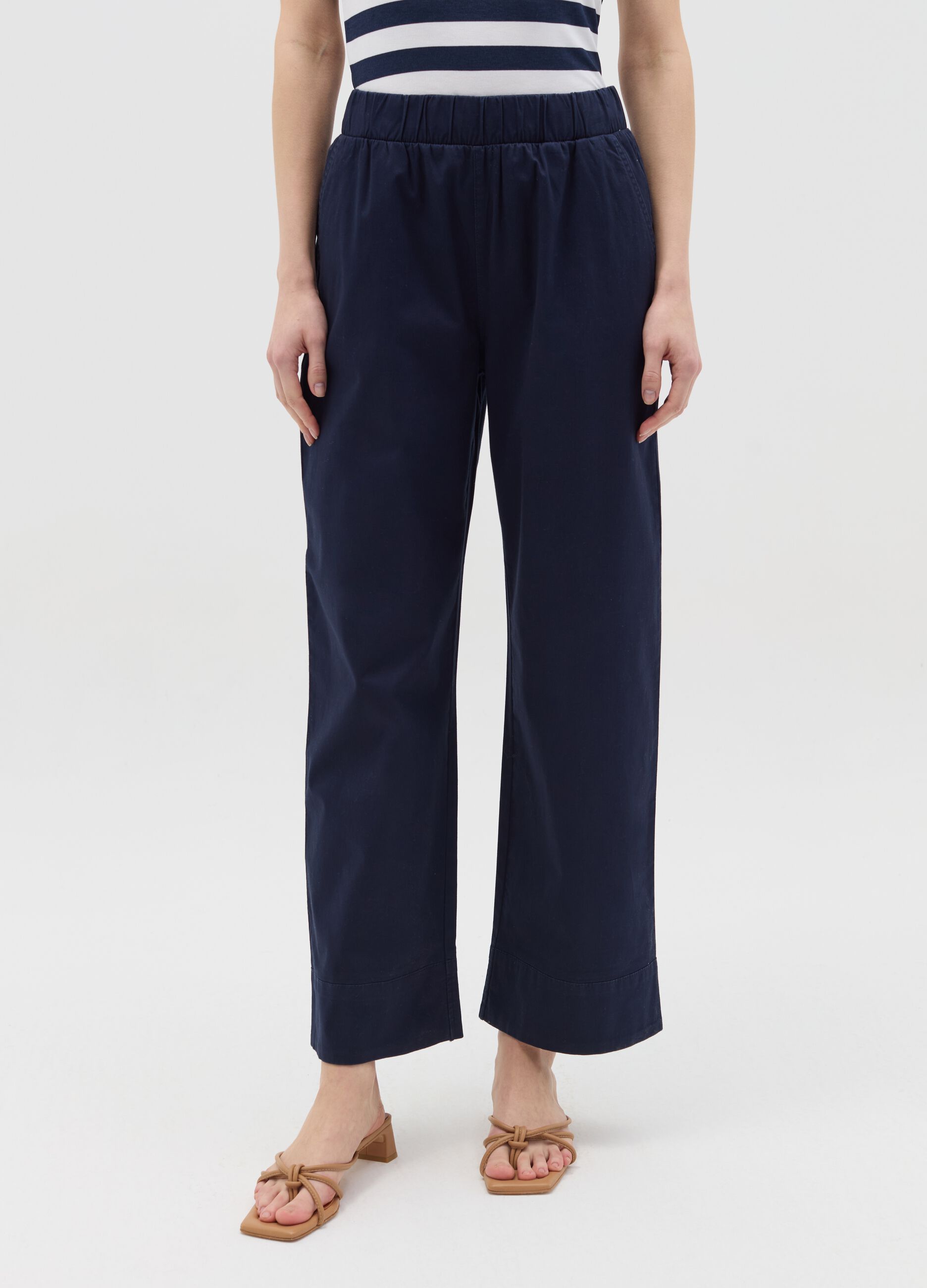Pantalone a gamba larga in cotone stretch blu navy