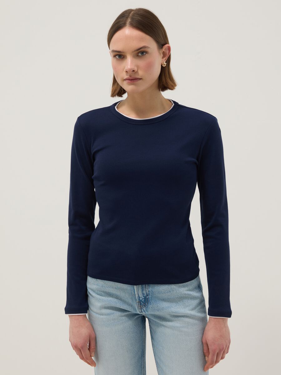 Maglia a maniche lunghe in puro cotone blu regular fit_0