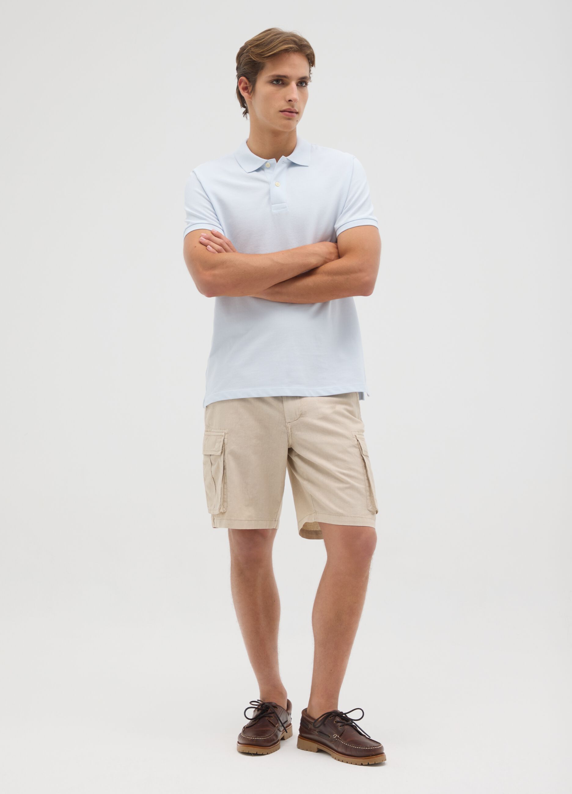 Men's beige cotton blend cargo shorts regular fit