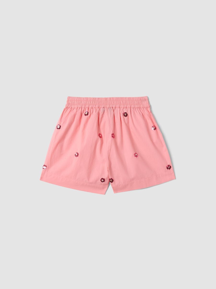 Pink pure cotton shorts with floral sequins_1