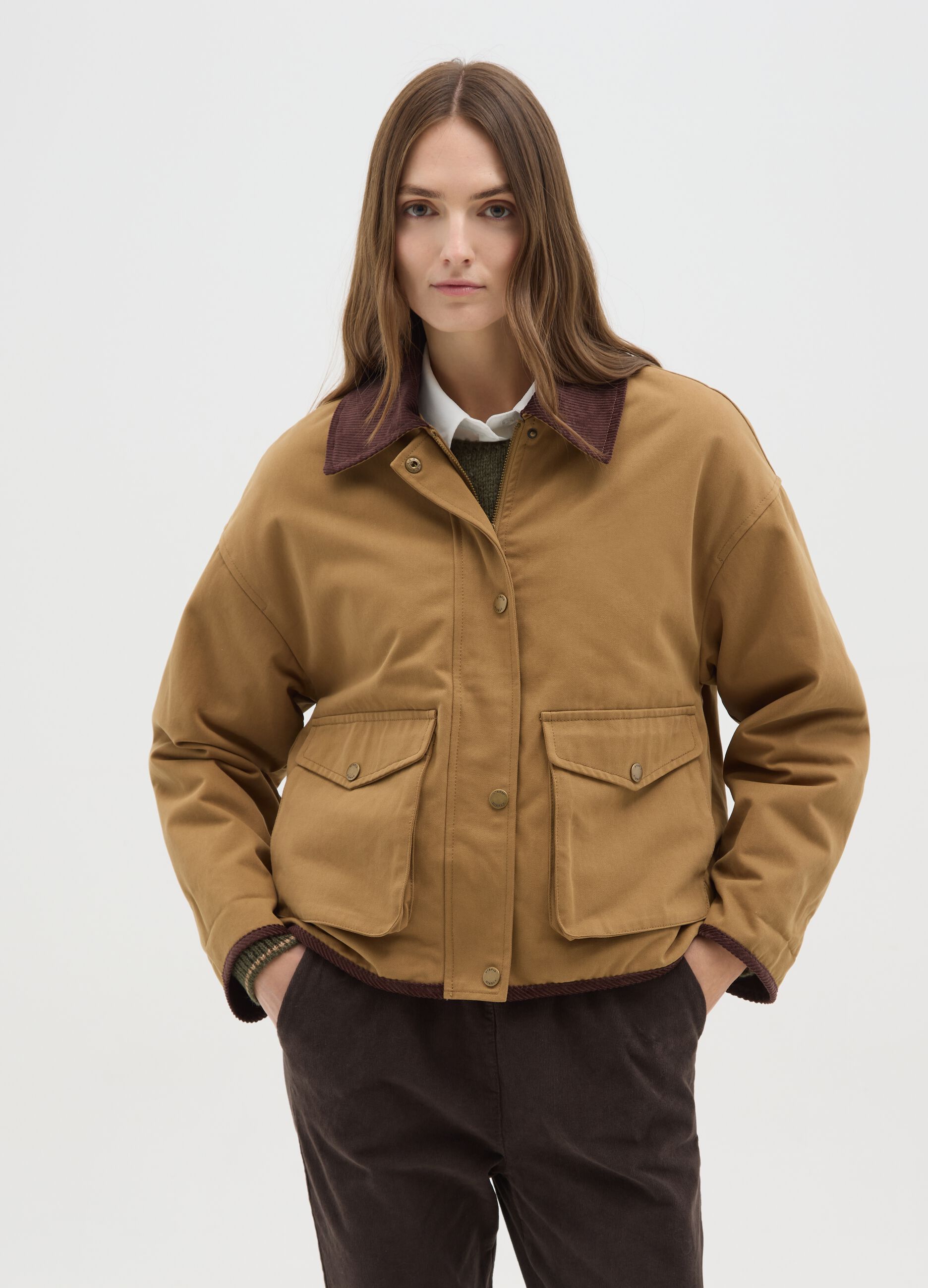 Brown jacket in pure cotton and velvet regular fit