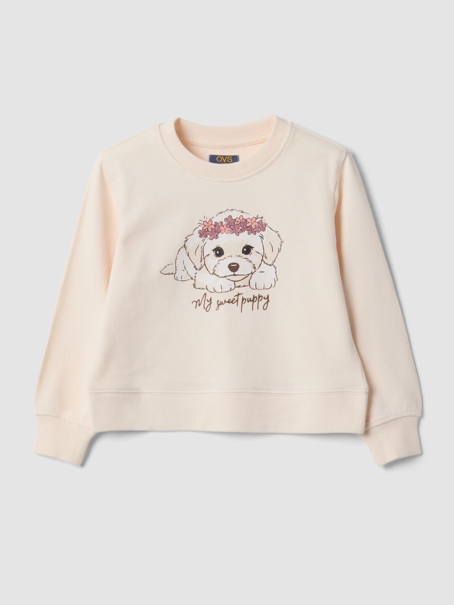 Beige pure cotton sweatshirt with crew neck and puppy print_0