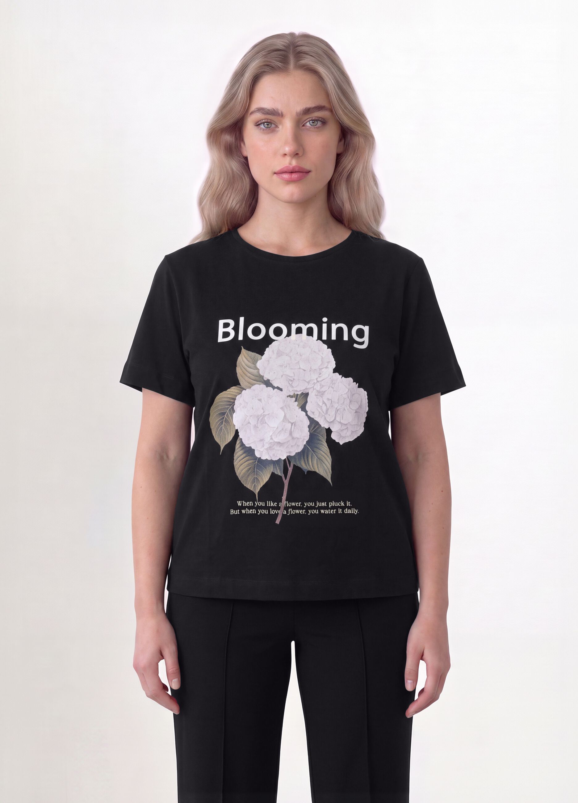 Black pure cotton T-shirt with floral print, regular fit