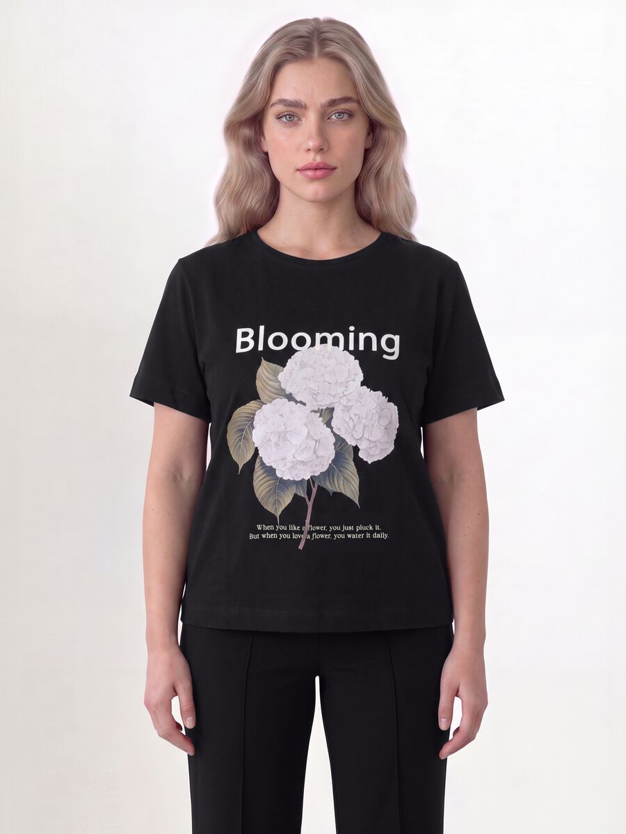 T-shirt nera in puro cotone con stampa floreale regular fit_1