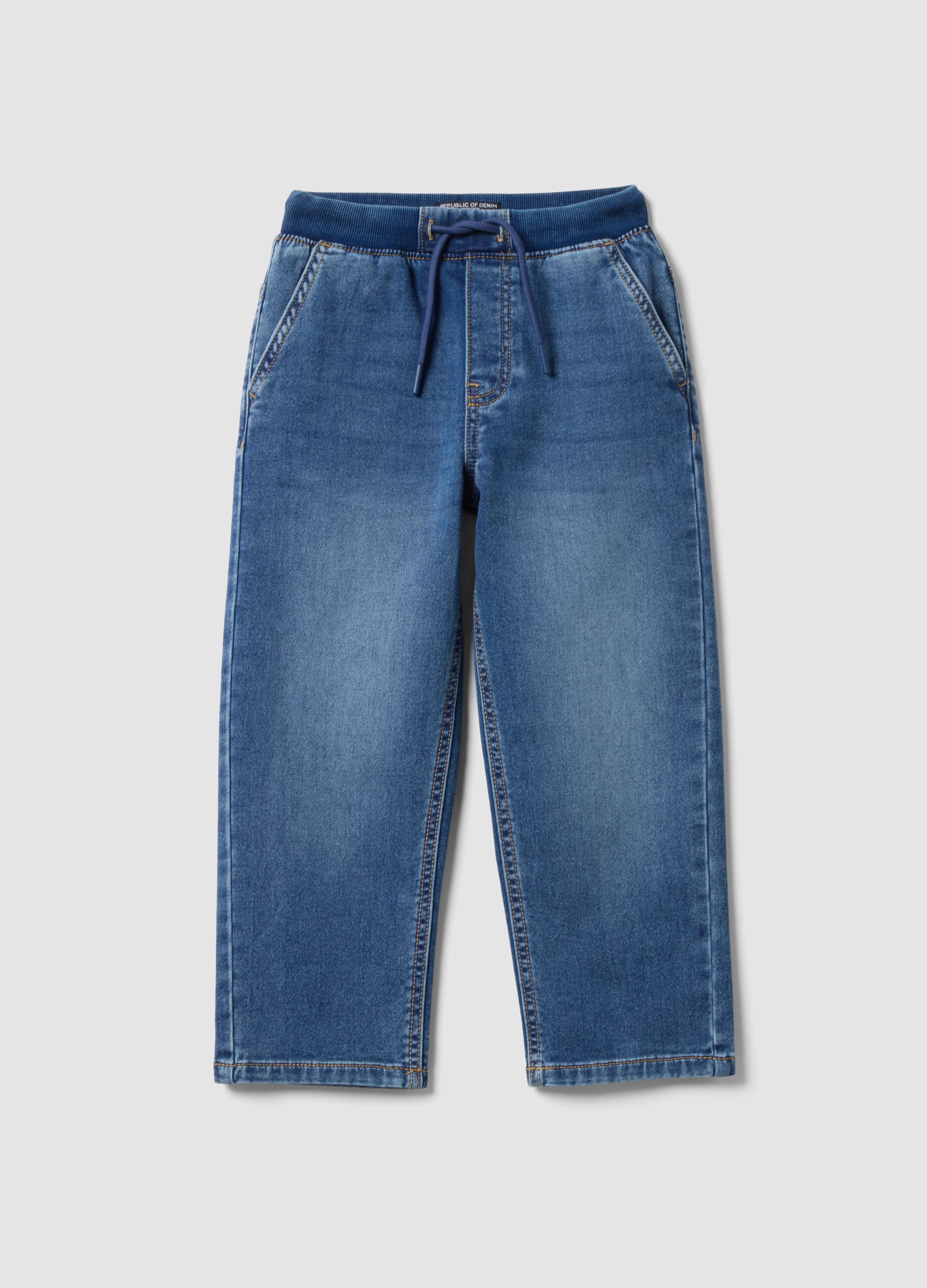 Jogger denim blu in cotone elasticizzato con vita elasticizzata per bambino