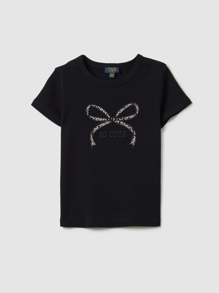 Girls' black slim fit pure cotton t-shirt with leopard print_0
