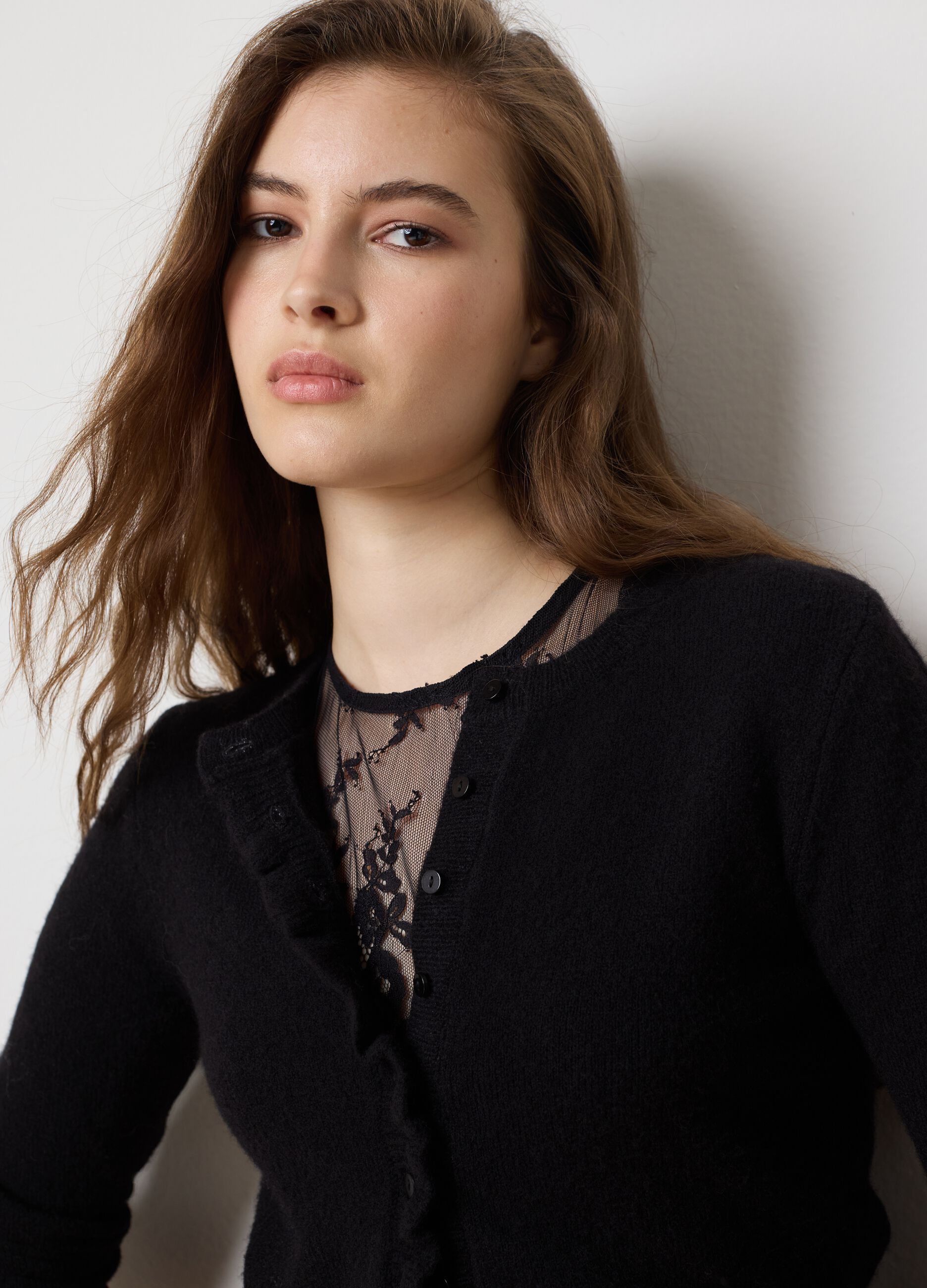 Black Cardigan with Ruffle in Mixed Materials