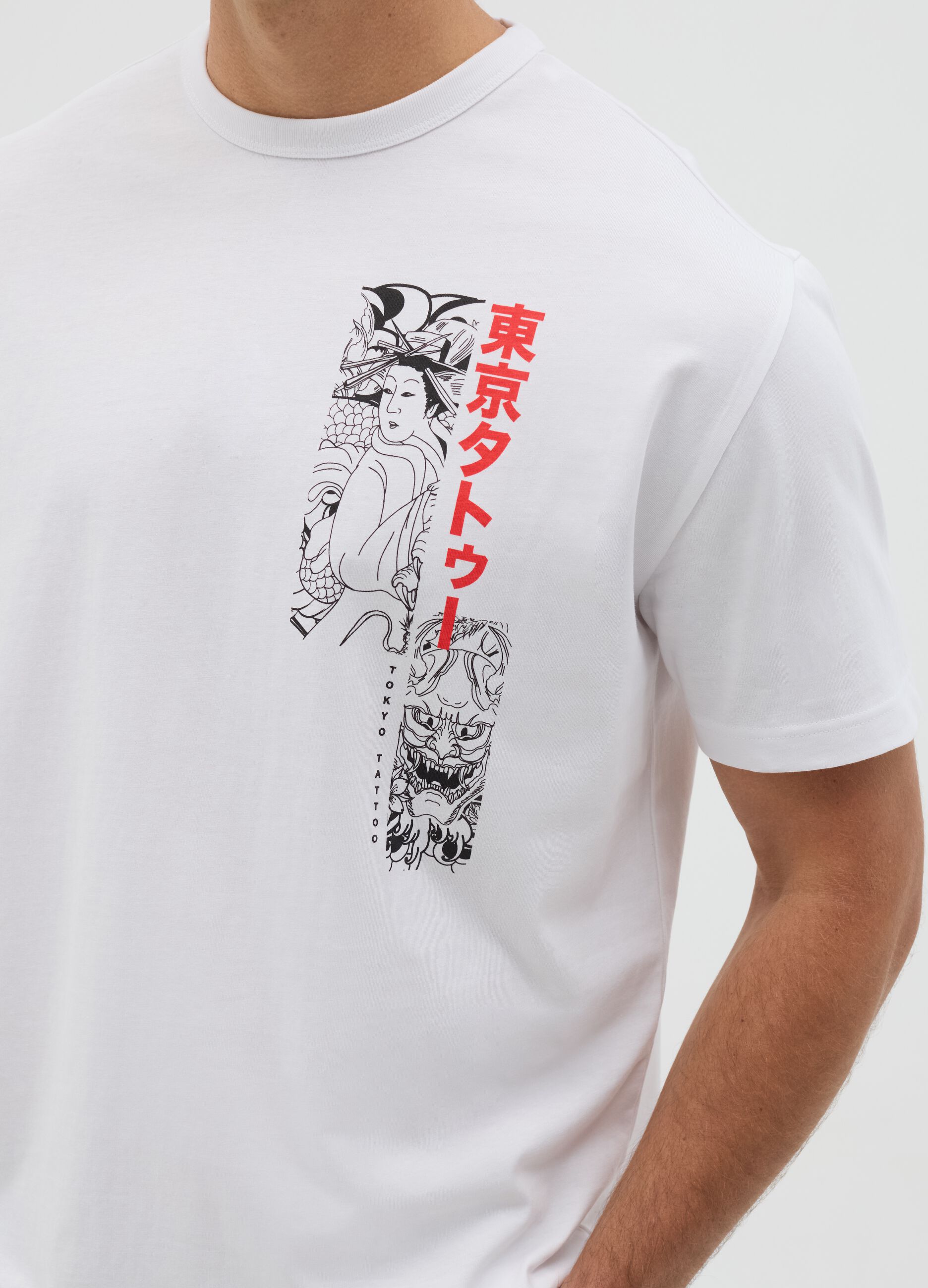 White T-shirt with Tokyo Tattoo print