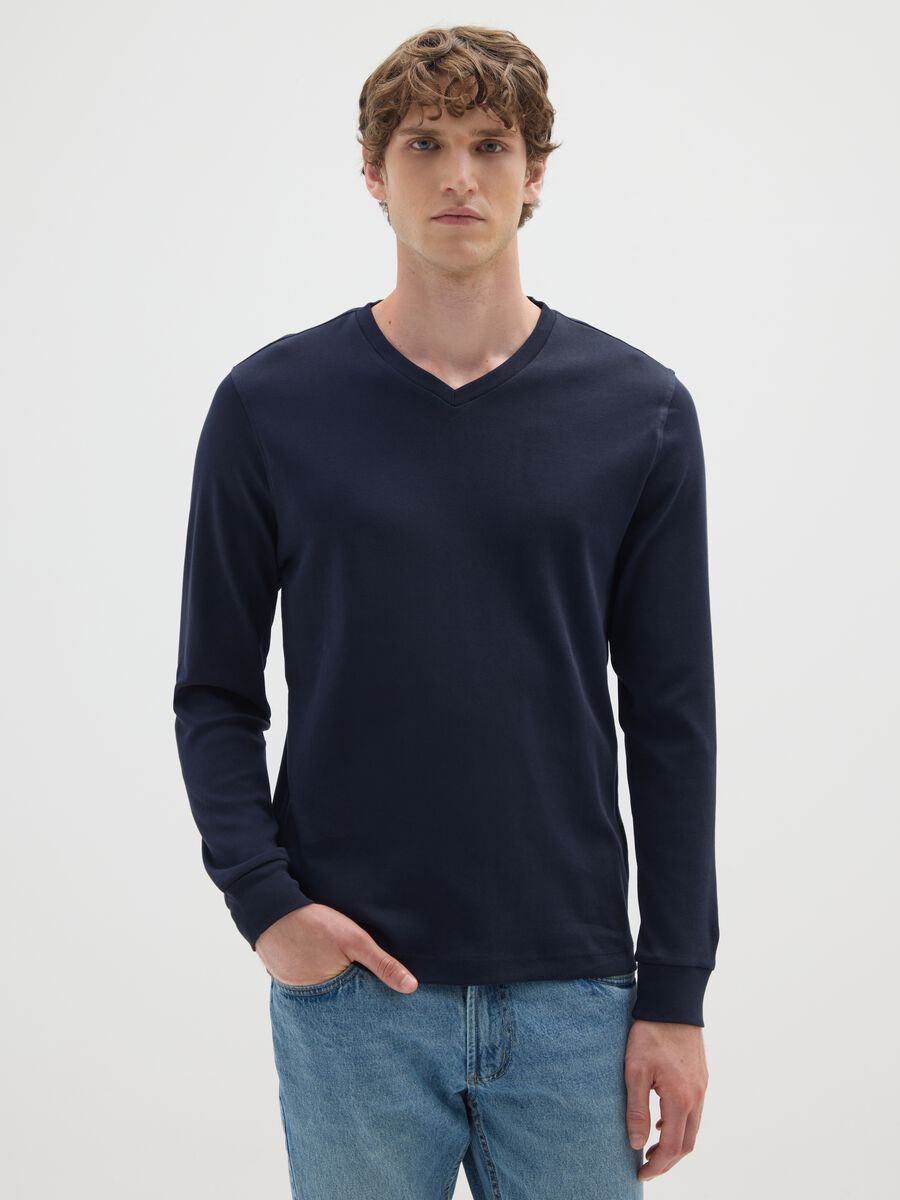 Maglia blu a maniche lunghe in cotone_0