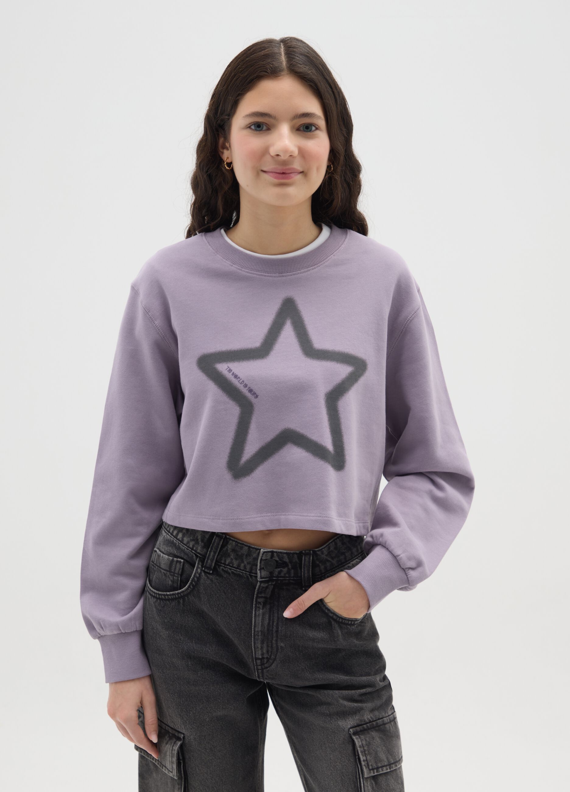 Girls' purple pure cotton sweatshirt regular fit with print