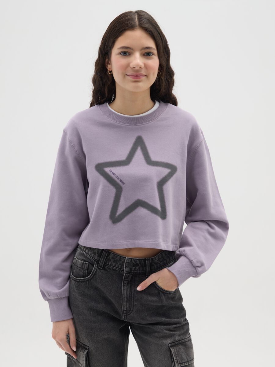 Felpa da ragazza in puro cotone viola regular fit con stampa_0