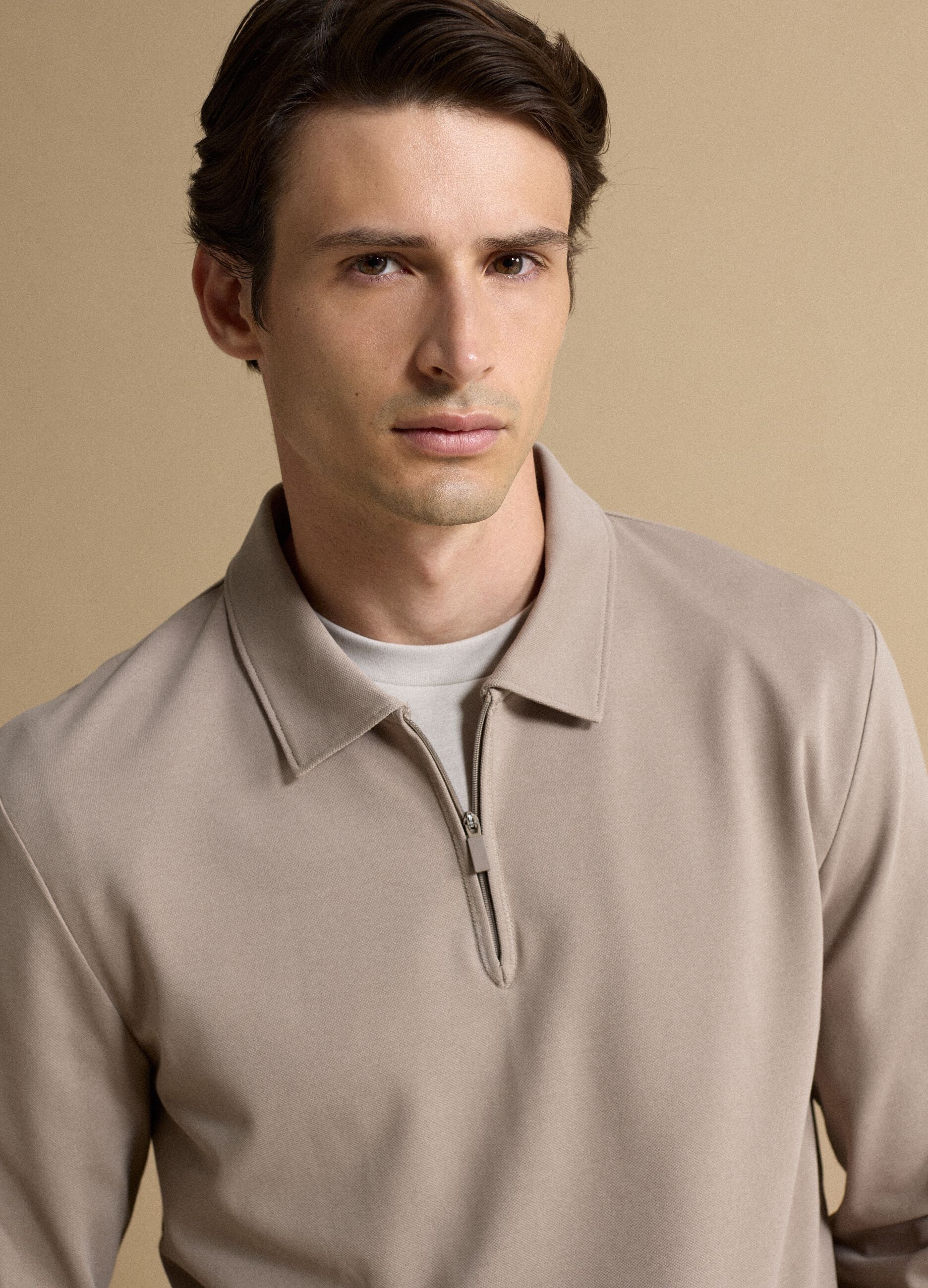 Grey stretch cotton-blend piqu&eacute; polo shirt, Easy Dry, regular fit