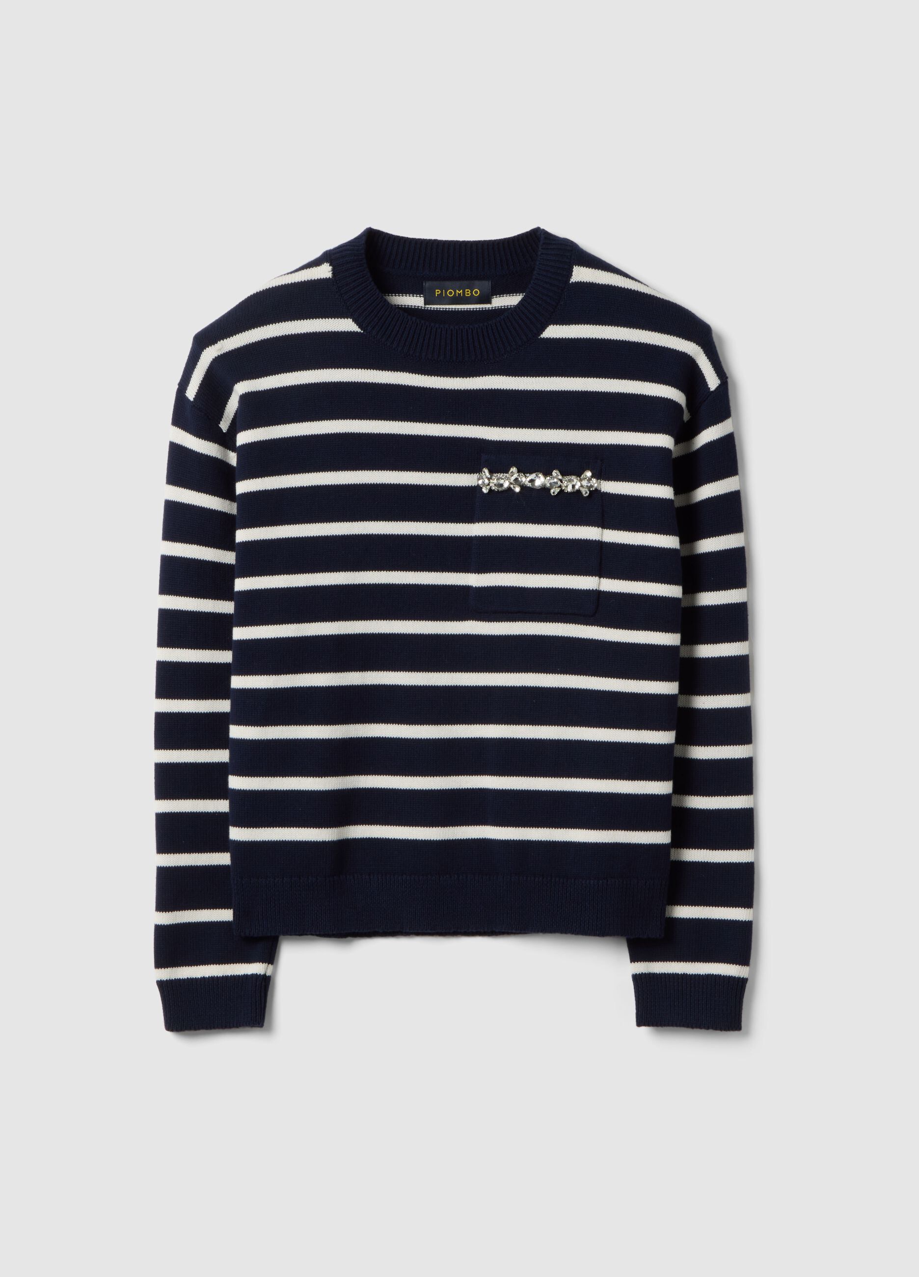 Blue jumper with white stripes in pure cotton regular fit