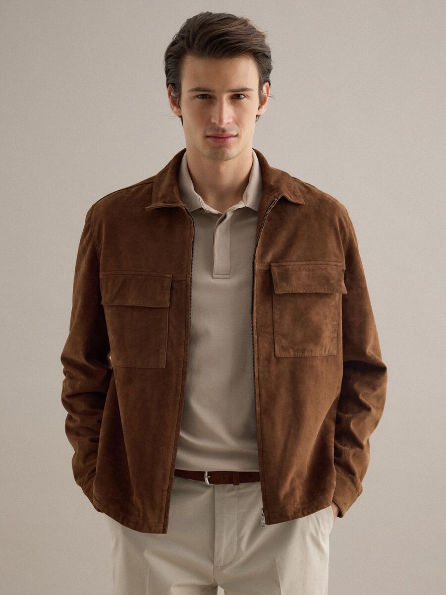 Giacca leggera in vera pelle marrone regular fit con full zip_1