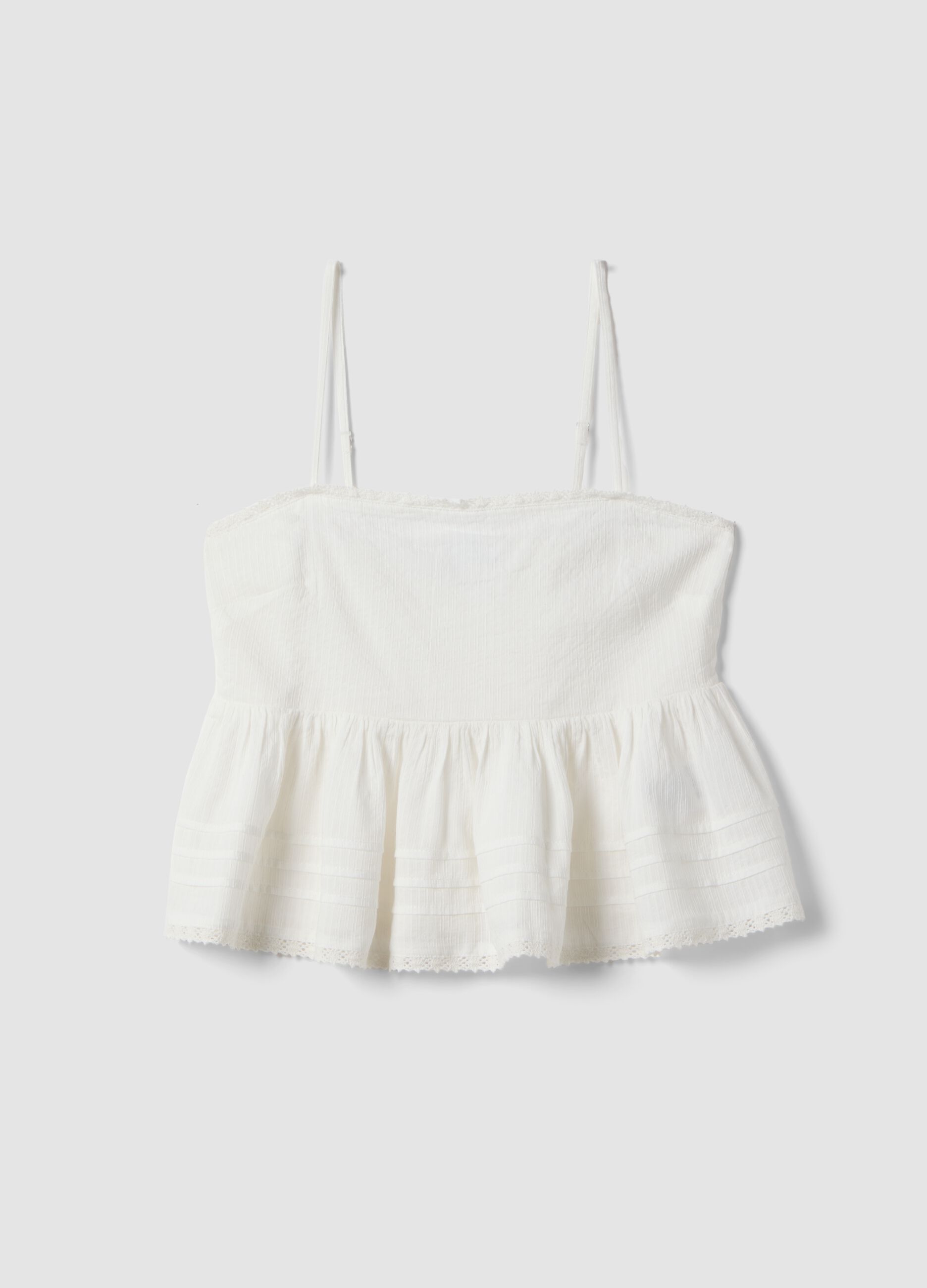 White cotton and viscose blend top with thin straps, relaxed fit