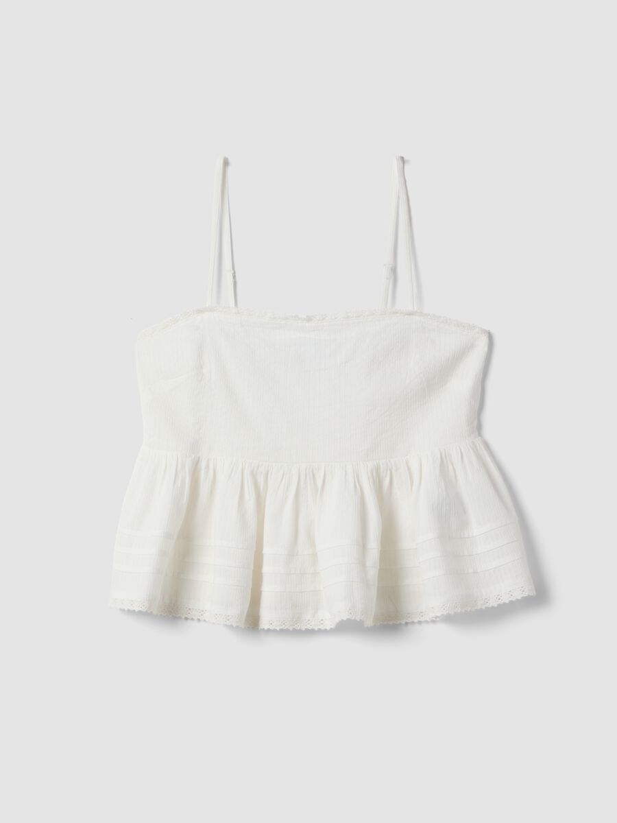 White cotton and viscose blend top with thin straps, relaxed fit_0