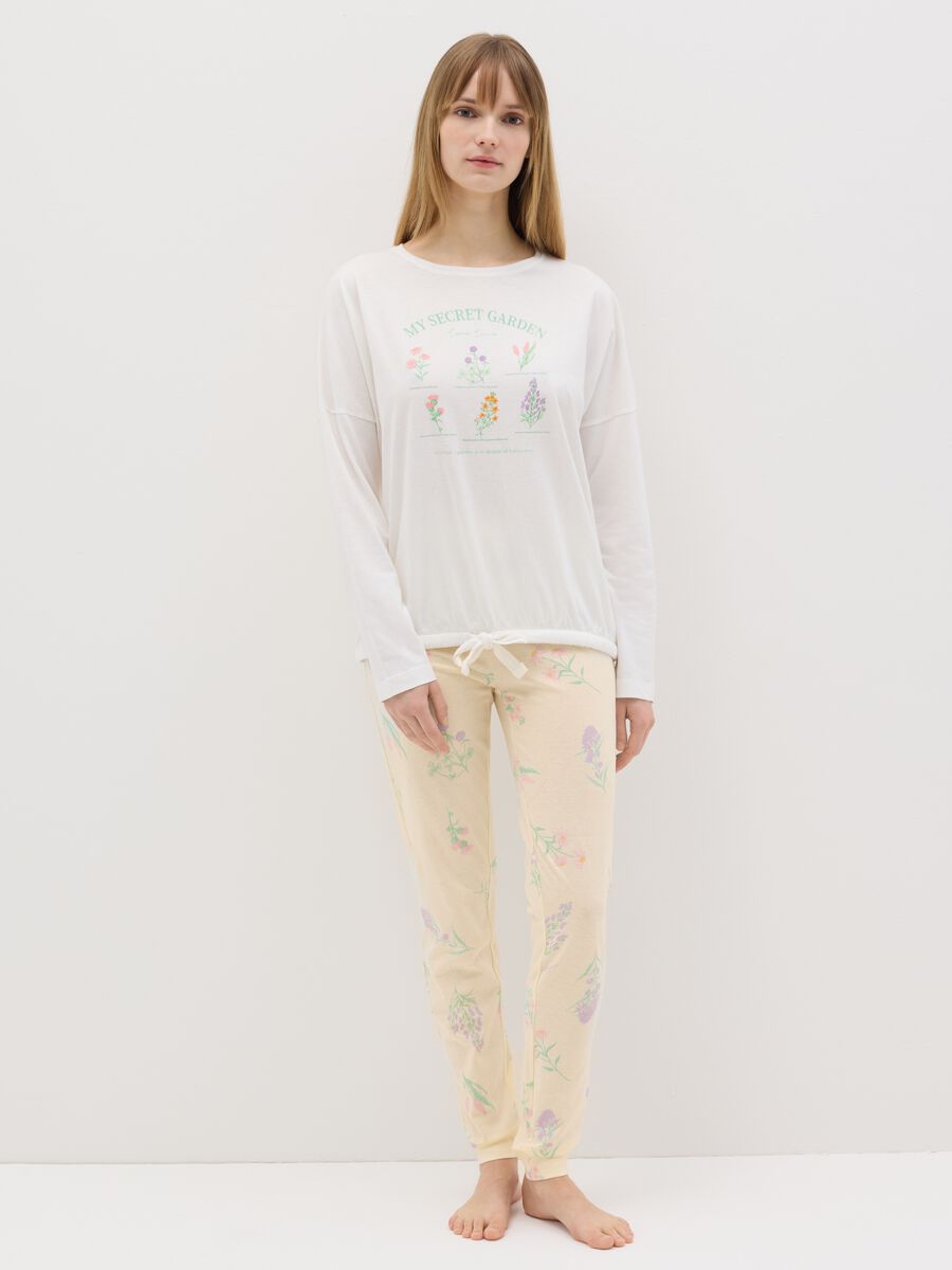 Long pyjamas with drawstring and flowers print_0