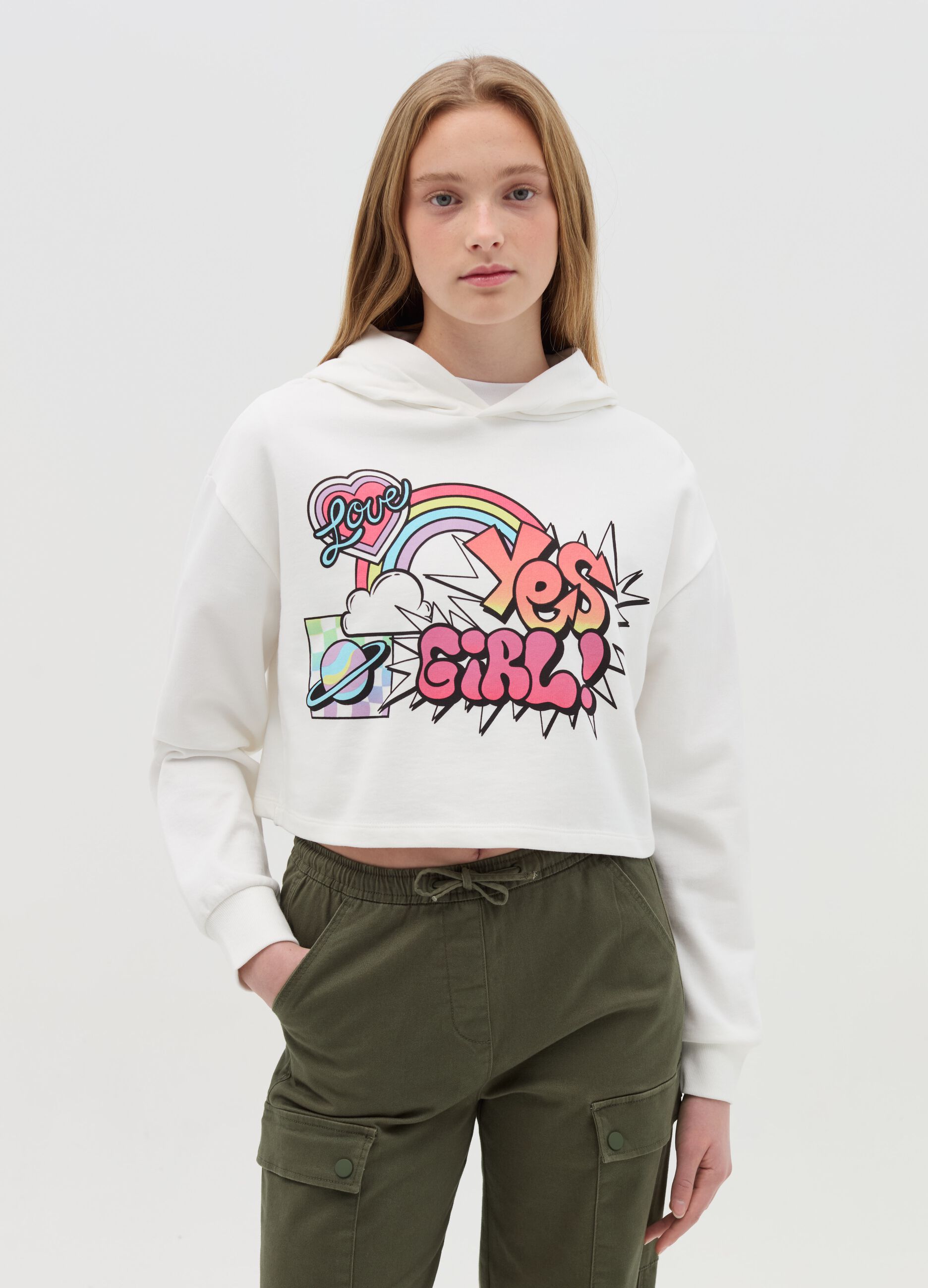 Crop sweatshirt with hood and print