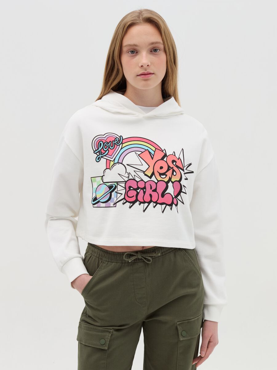 Crop sweatshirt with hood and print_0