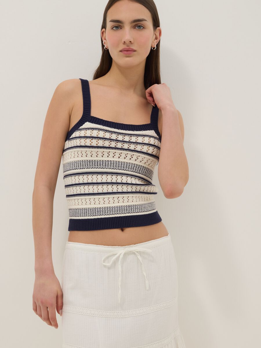 Gilet fitted in puro cotone a righe multicolor con bretelle sottili_0